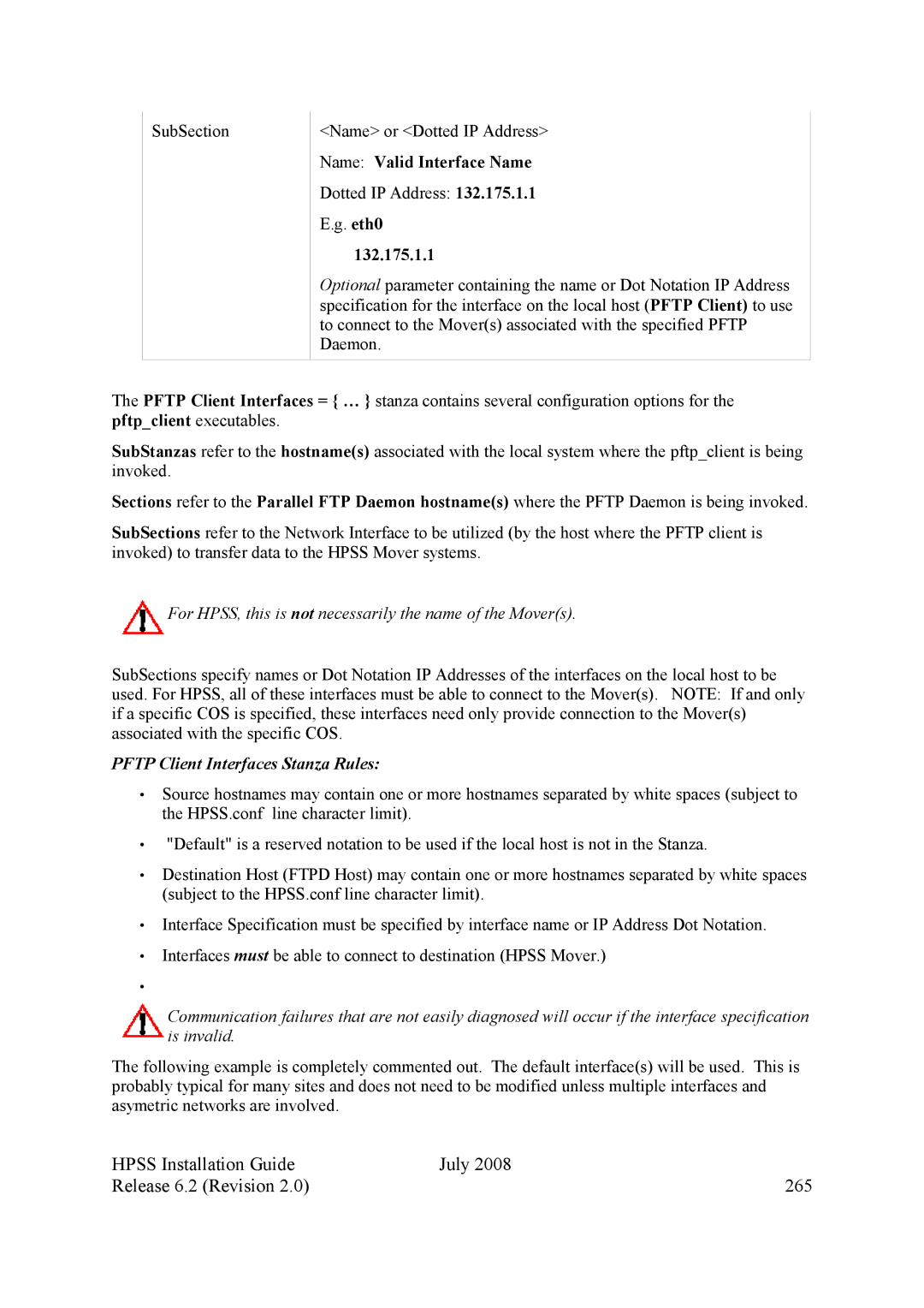 IBM HPSS manual Hpss Installation Guide July Release 6.2 Revision 265, Name Valid Interface Name, 132.175.1.1 