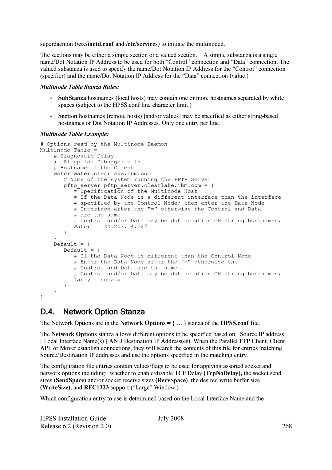IBM HPSS manual Network Option Stanza, Hpss Installation Guide July Release 6.2 Revision 268 