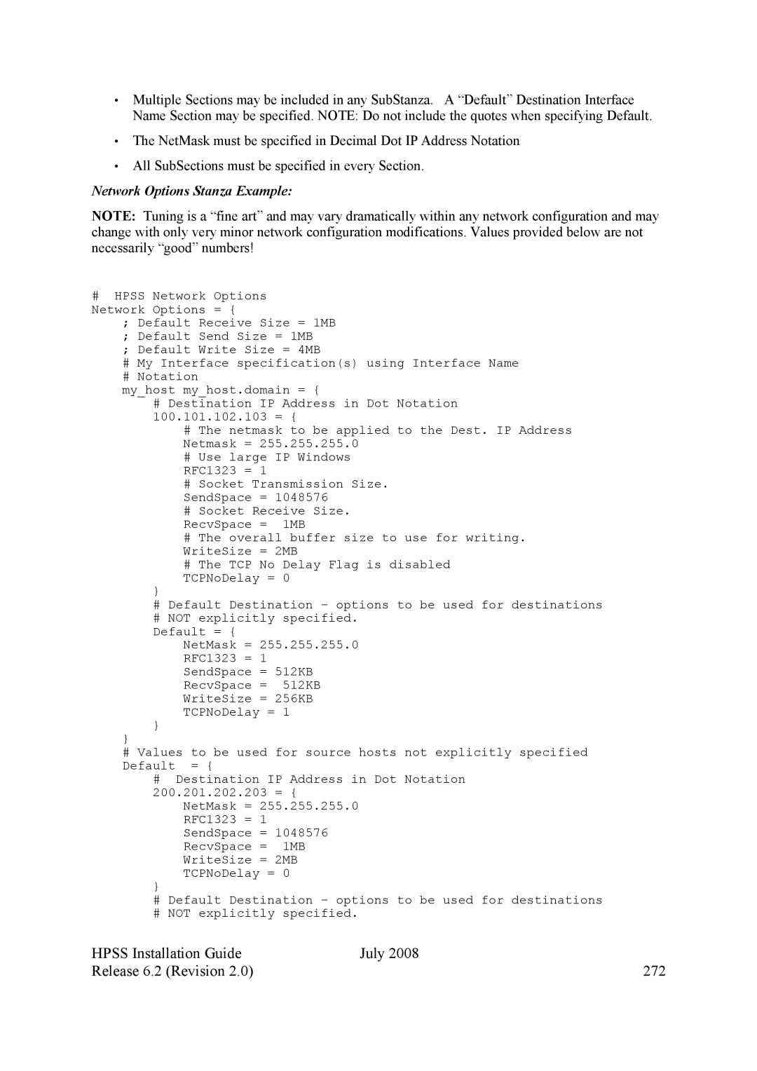 IBM HPSS manual Hpss Installation Guide July Release 6.2 Revision 272, Network Options Stanza Example 