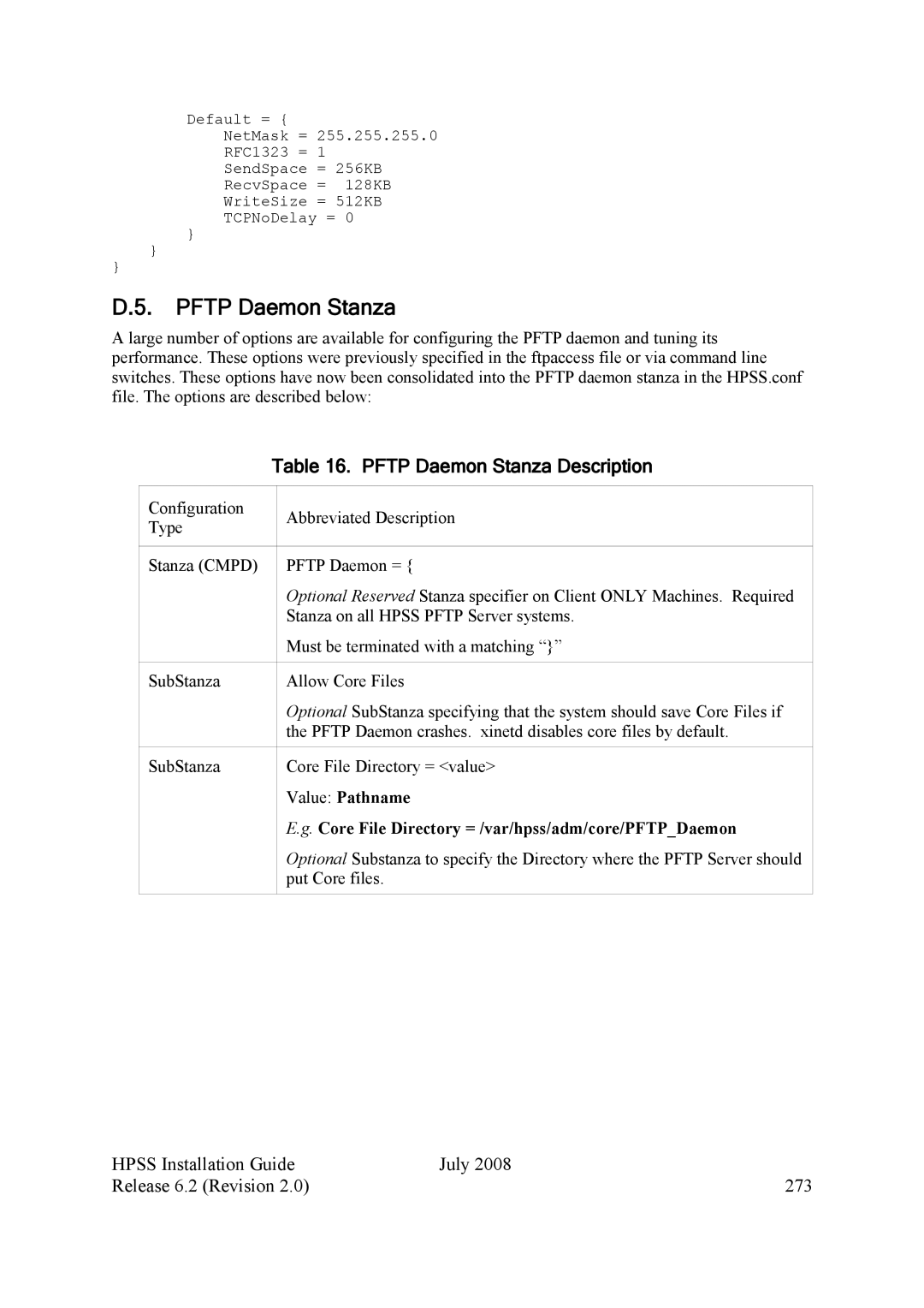 IBM HPSS manual Pftp Daemon Stanza Description, Hpss Installation Guide July Release 6.2 Revision 273, Value Pathname 