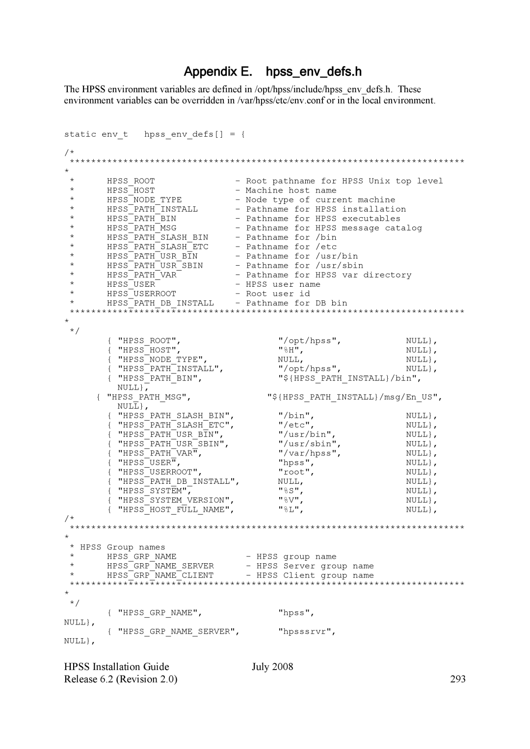 IBM HPSS manual Appendix E. hpssenvdefs.h, Hpss Installation Guide July Release 6.2 Revision 293 