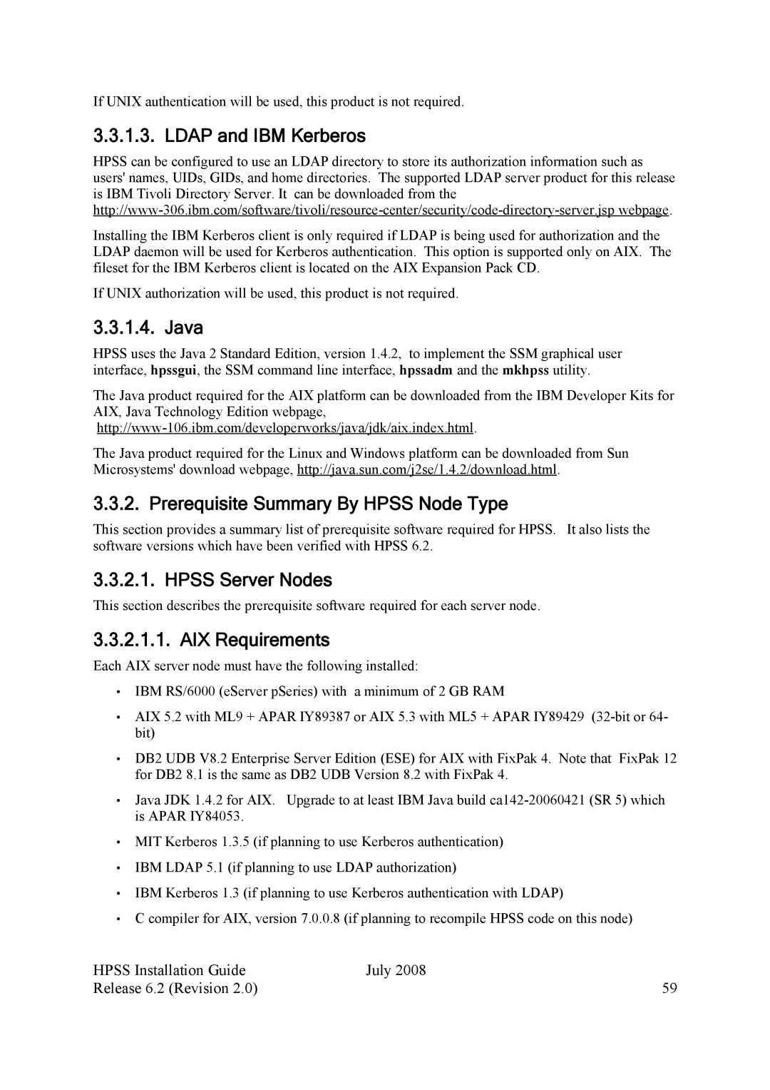 IBM HPSS manual Ldap and IBM Kerberos, Java, Prerequisite Summary By Hpss Node Type, Hpss Server Nodes, AIX Requirements 