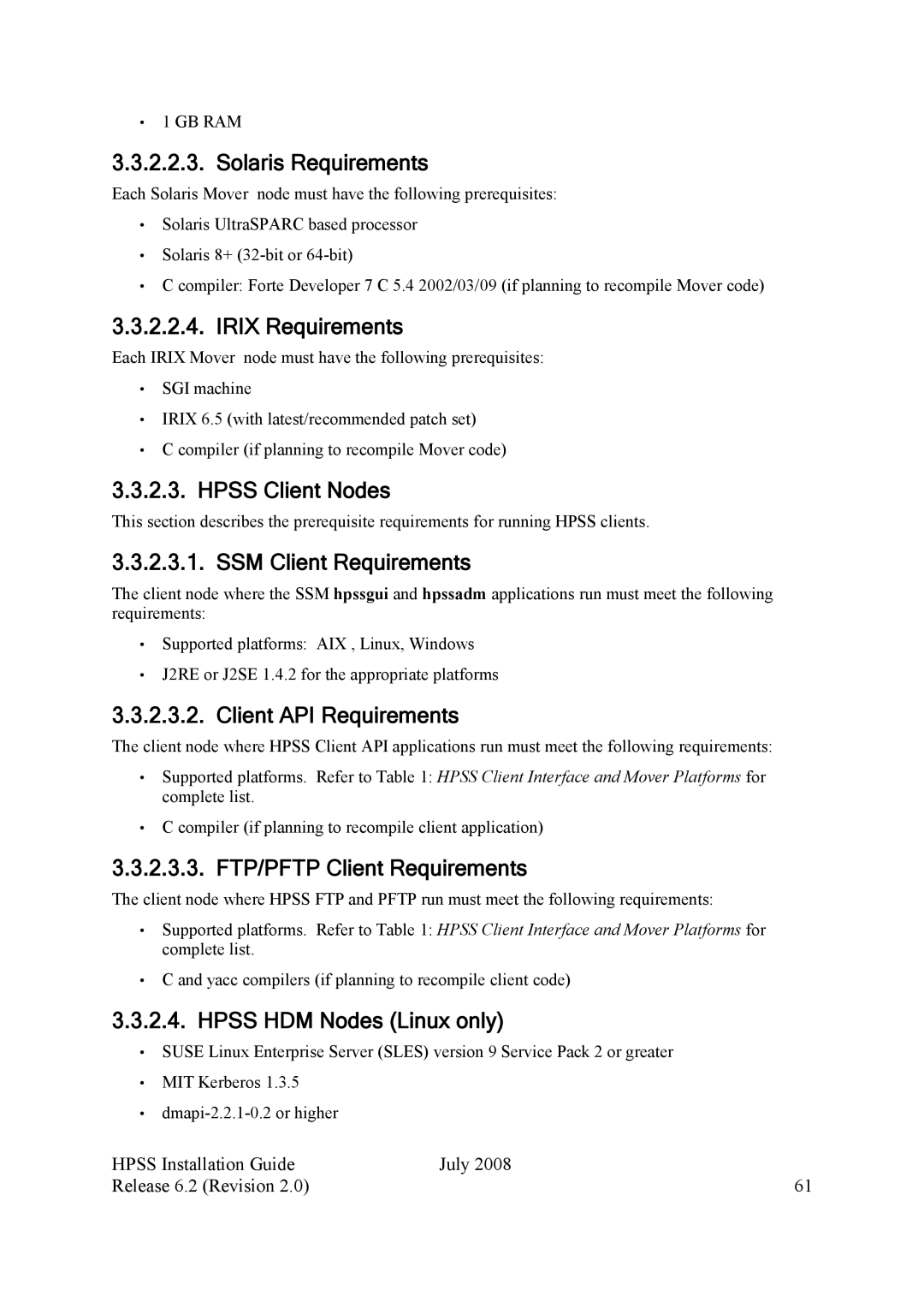 IBM HPSS Solaris Requirements, Irix Requirements, Hpss Client Nodes, SSM Client Requirements, Client API Requirements 