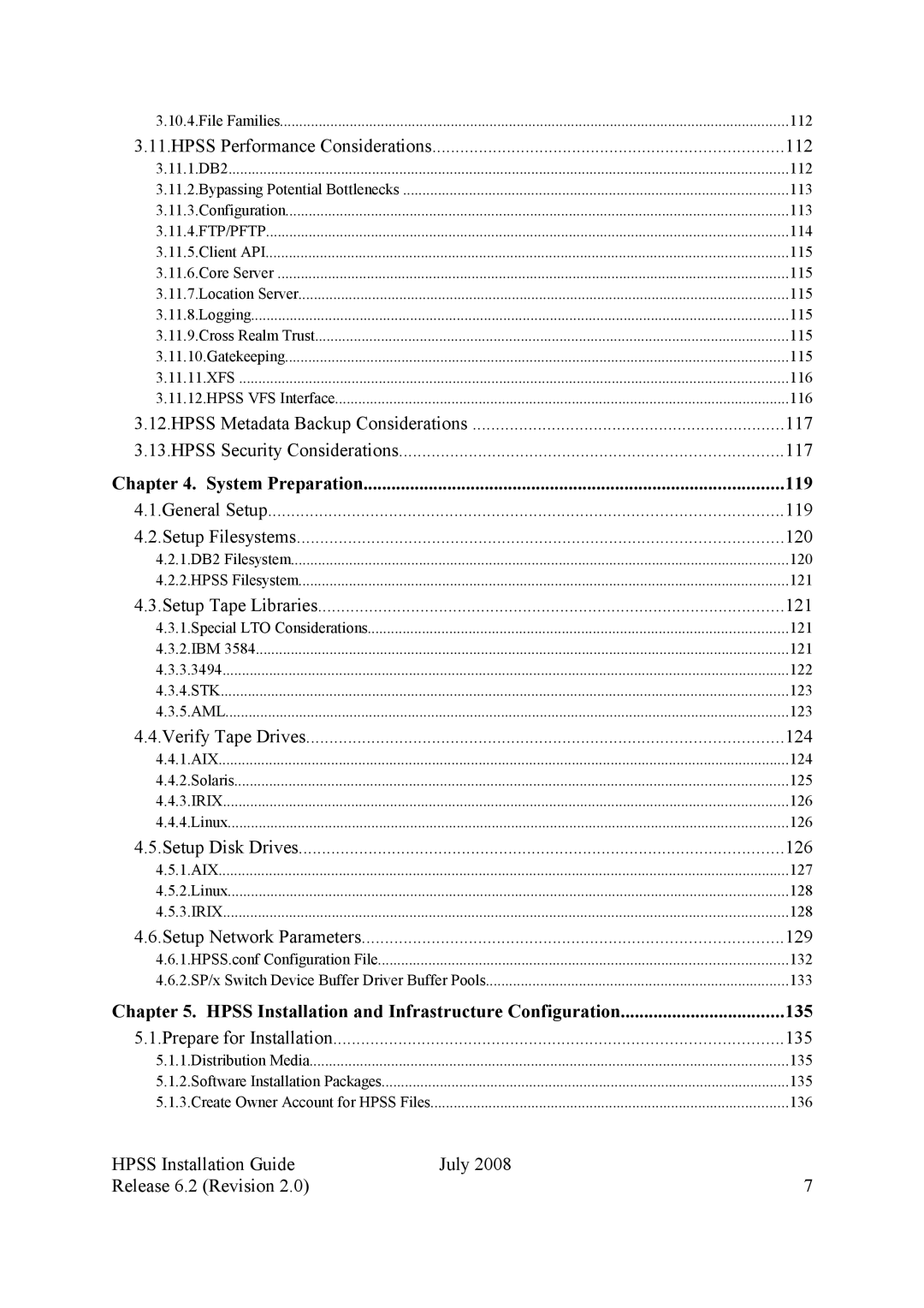 IBM HPSS manual Hpss Performance Considerations 112, General Setup 119 Setup Filesystems 120, Setup Tape Libraries 121 