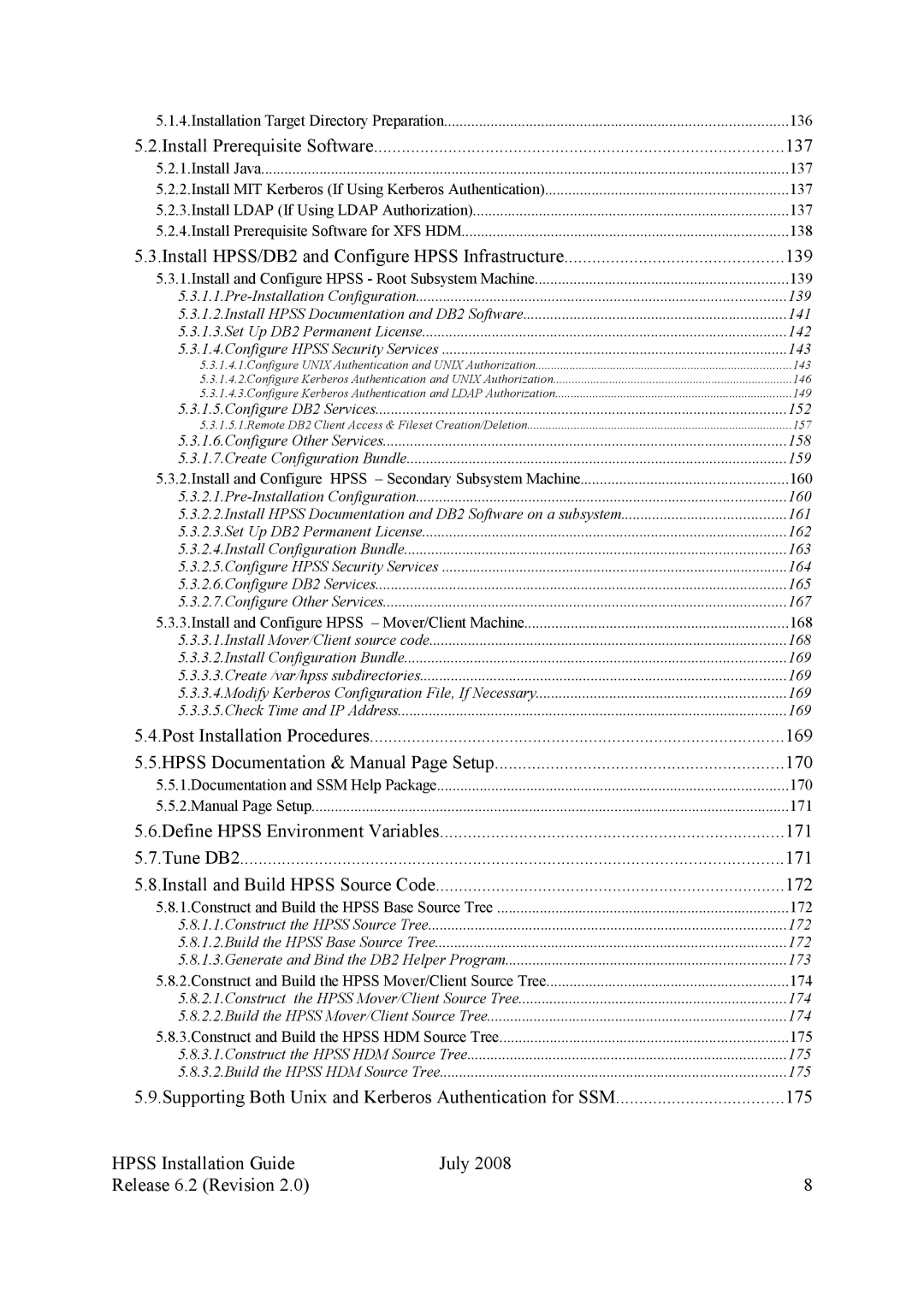 IBM manual Install Prerequisite Software 137, Install HPSS/DB2 and Configure Hpss Infrastructure 139 