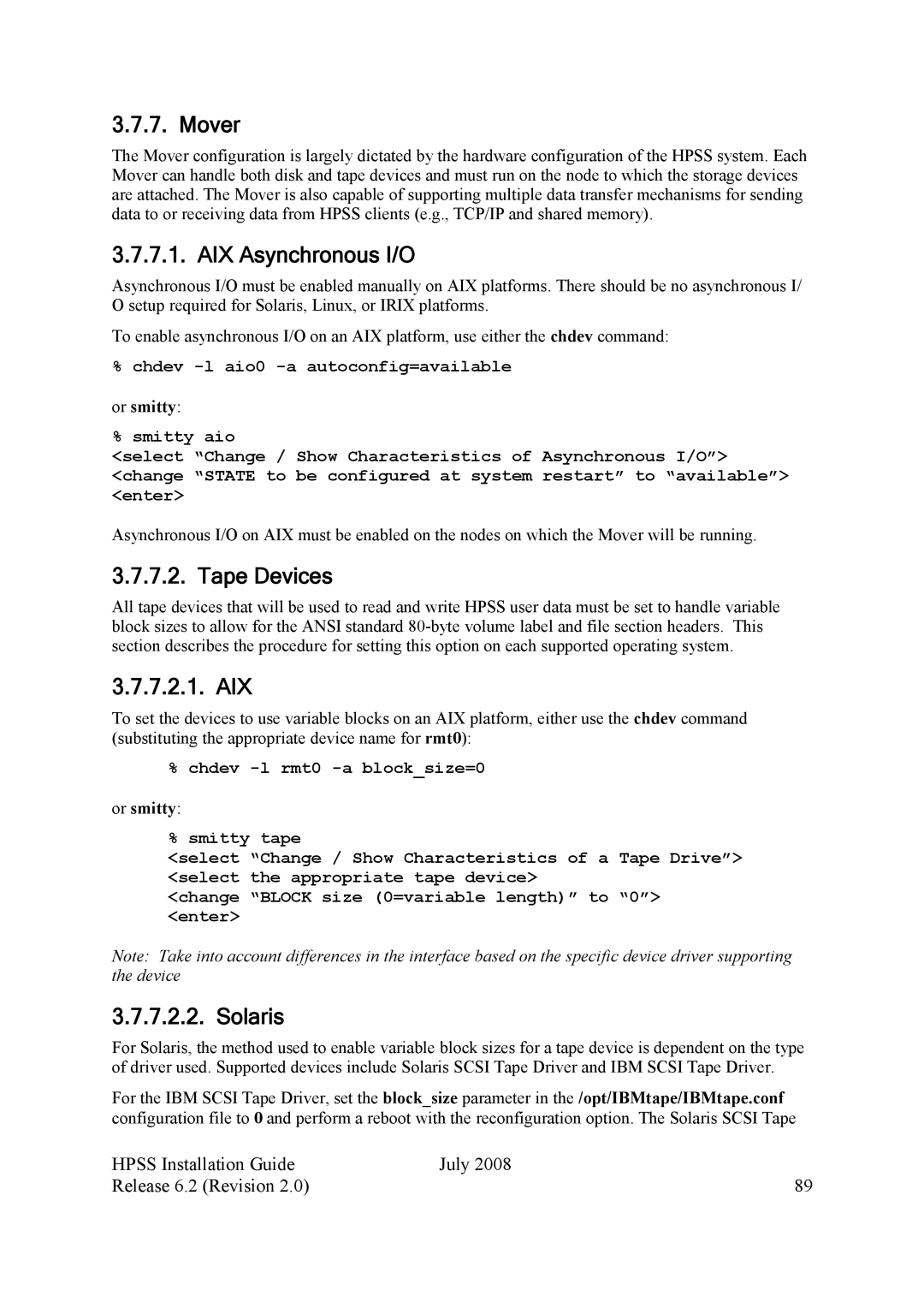 IBM HPSS manual Mover, AIX Asynchronous I/O, Aix, Solaris, Or smitty 