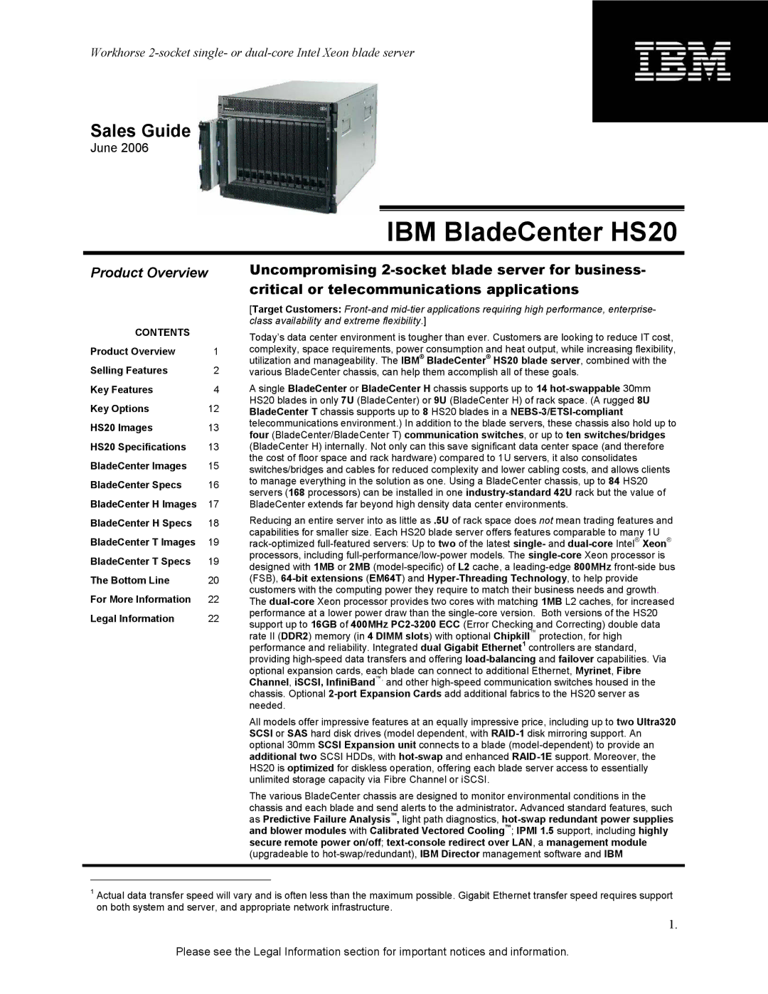 IBM HS20 specifications Product Overview, Critical or telecommunications applications, Contents 