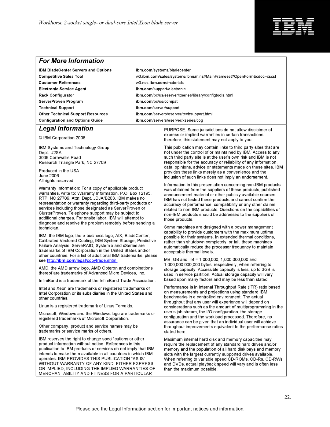 IBM HS20 specifications For More Information 