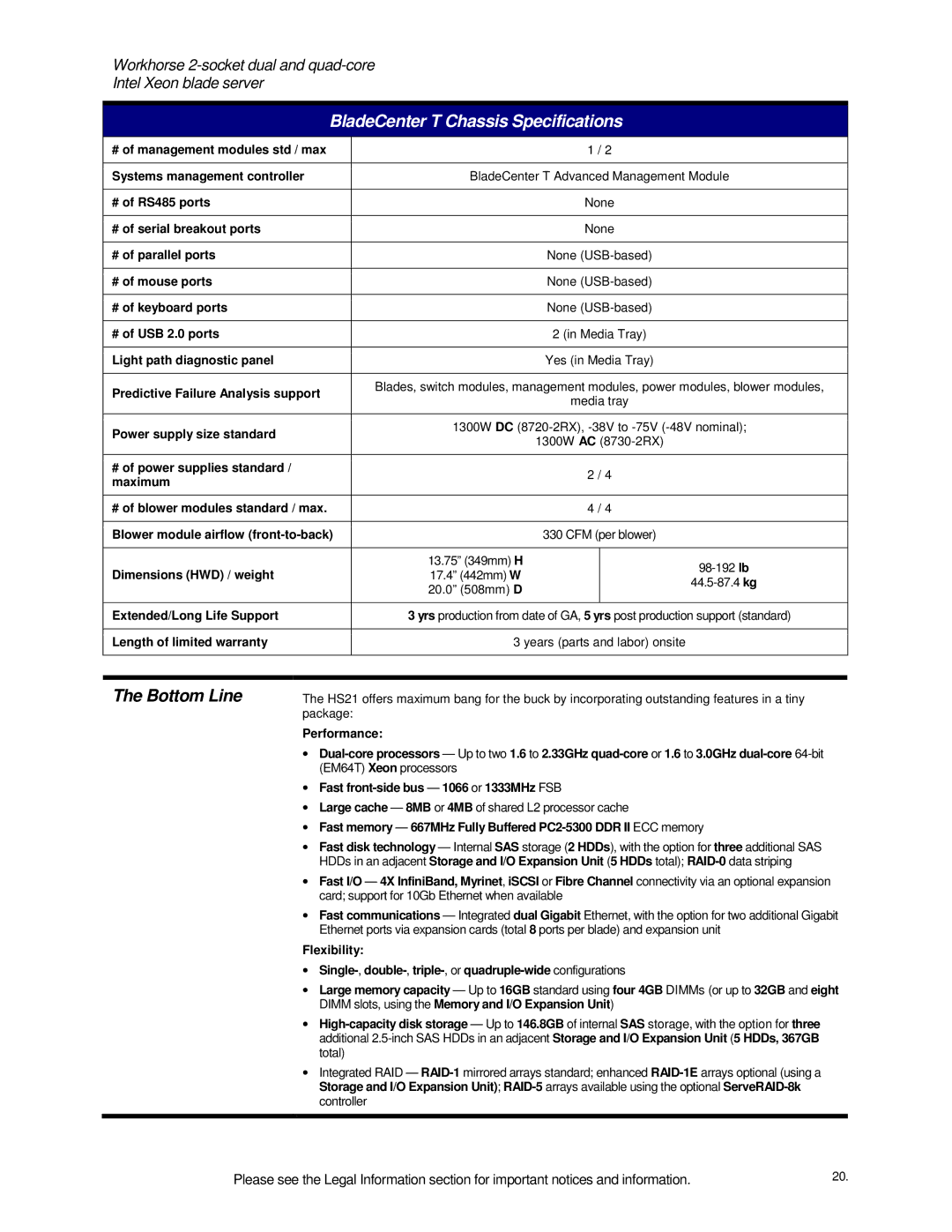 IBM HS21 specifications Bottom Line, Media tray Power supply size standard, 98-192 lb, 44.5-87.4 kg 