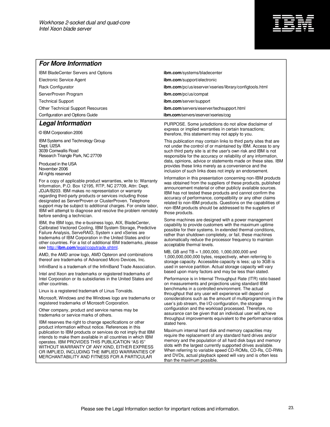 IBM HS21 specifications For More Information, Legal Information 