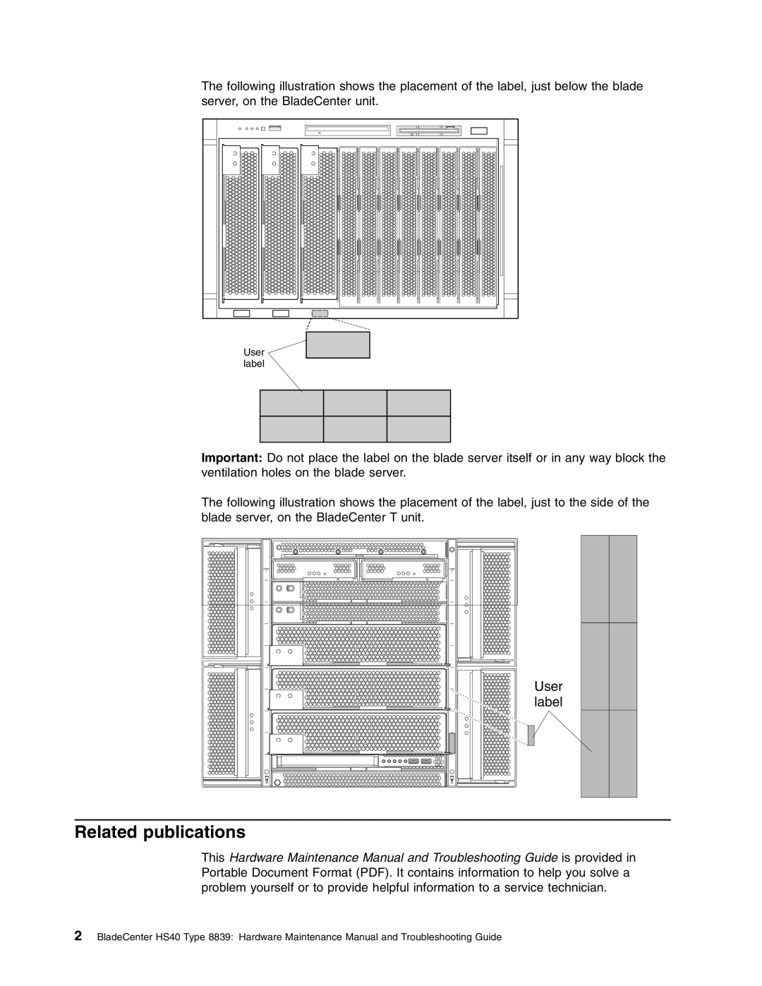 IBM HS40 manual Related publications, User label 