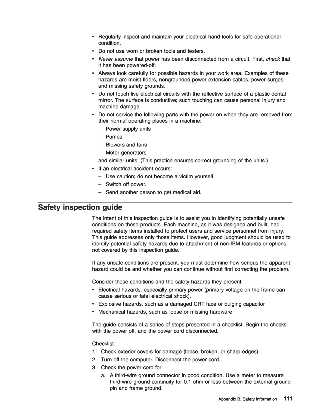IBM HS40 manual Safety inspection guide 