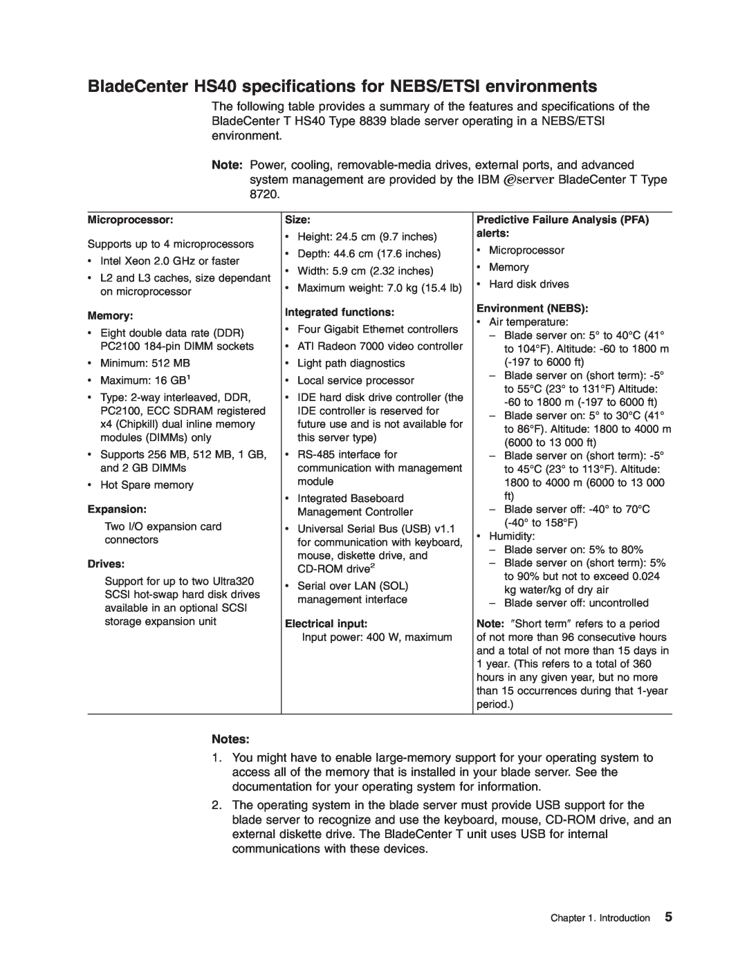 IBM manual BladeCenter HS40 specifications for NEBS/ETSI environments 