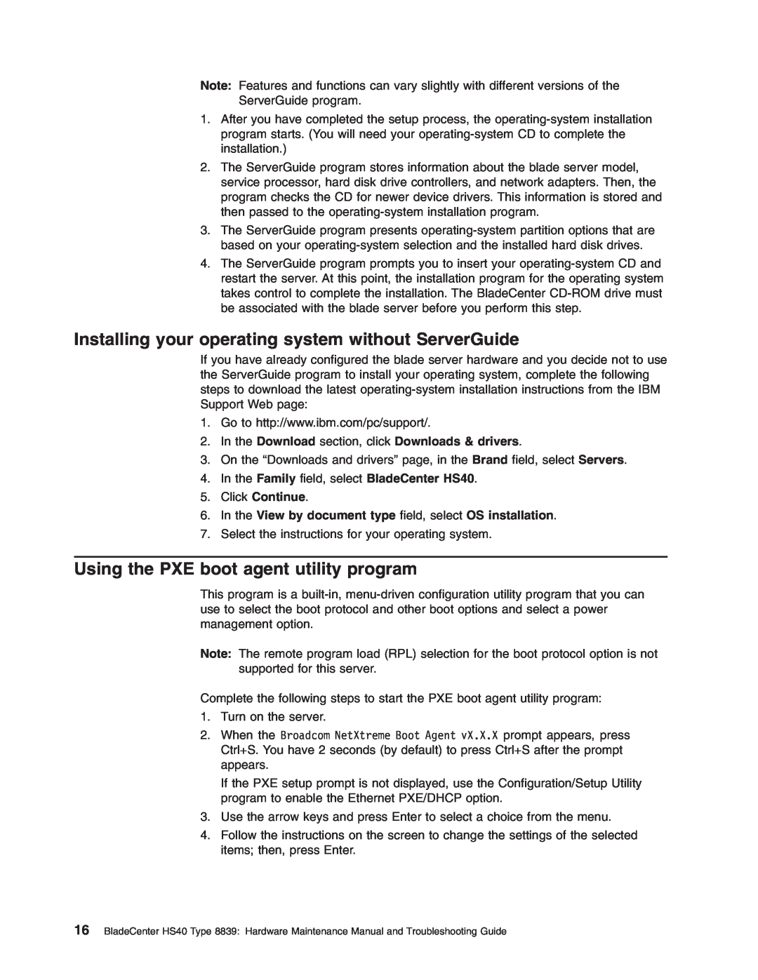 IBM HS40 manual Installing your operating system without ServerGuide, Using the PXE boot agent utility program 