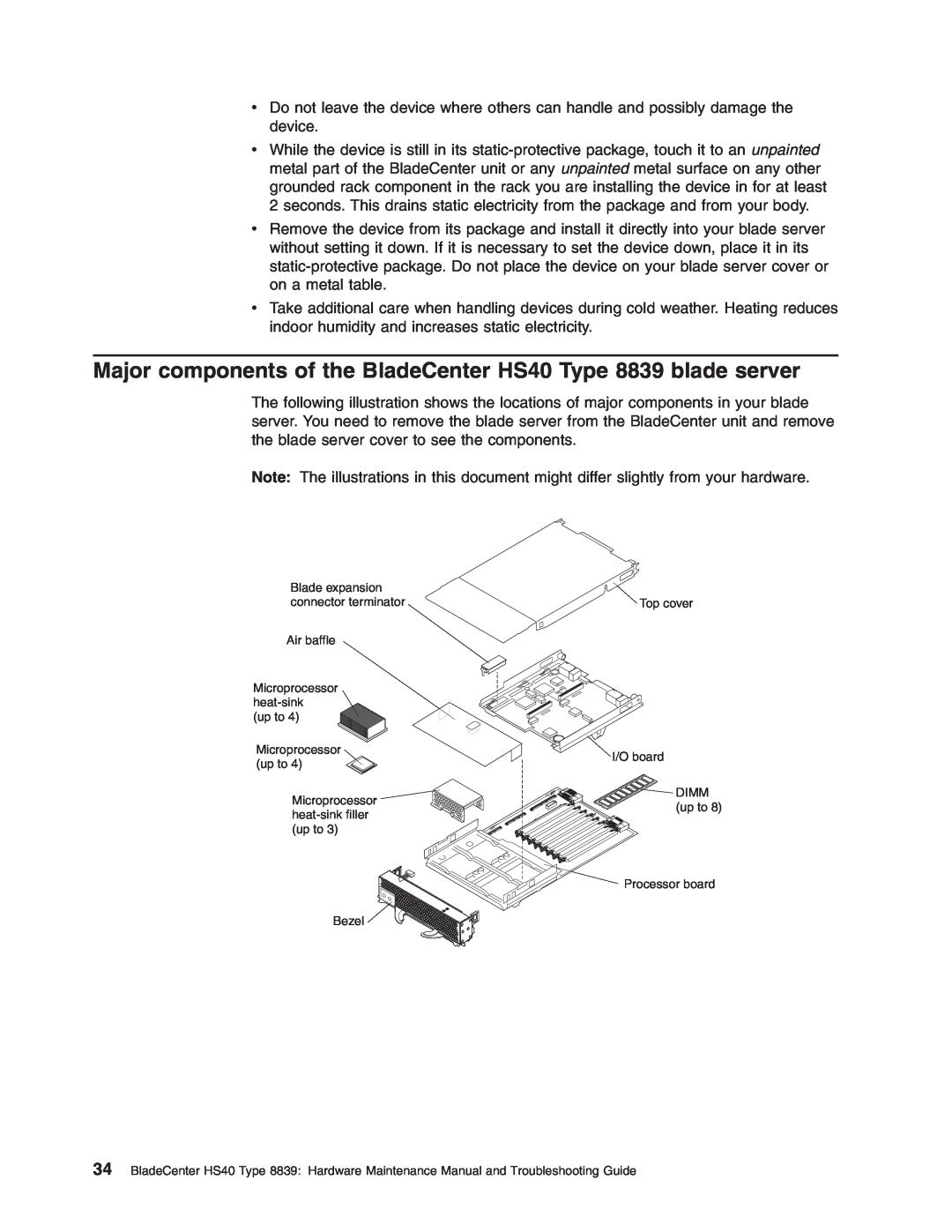 IBM Major components of the BladeCenter HS40 Type 8839 blade server, Blade expansion connector terminator Air baffle 