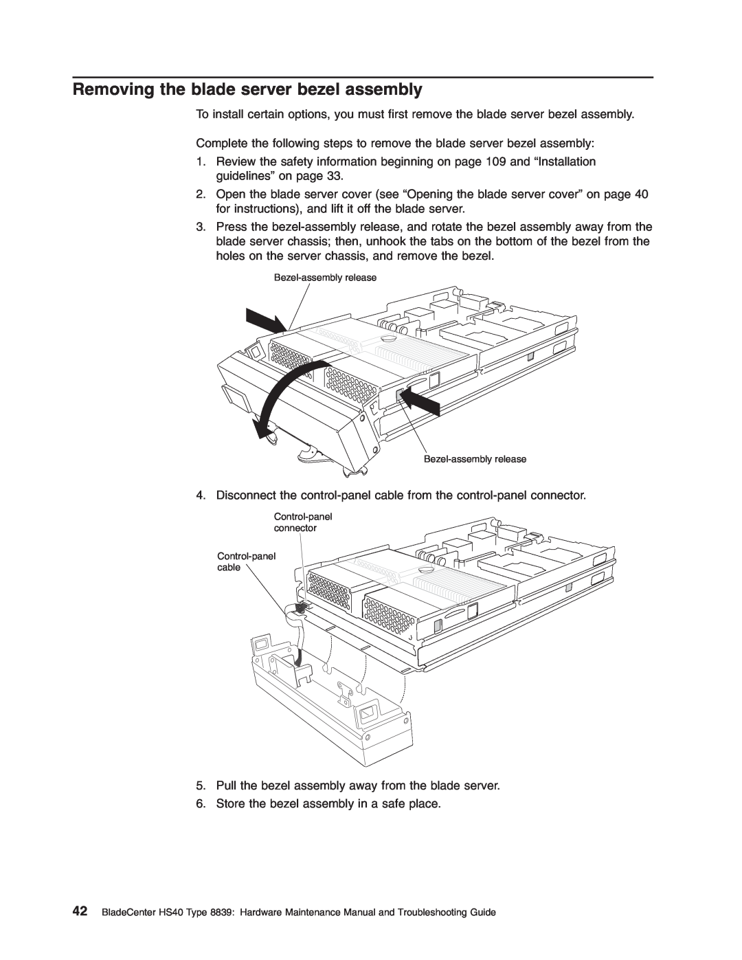 IBM HS40 manual Removing the blade server bezel assembly, Bezel-assembly release Bezel-assembly release 