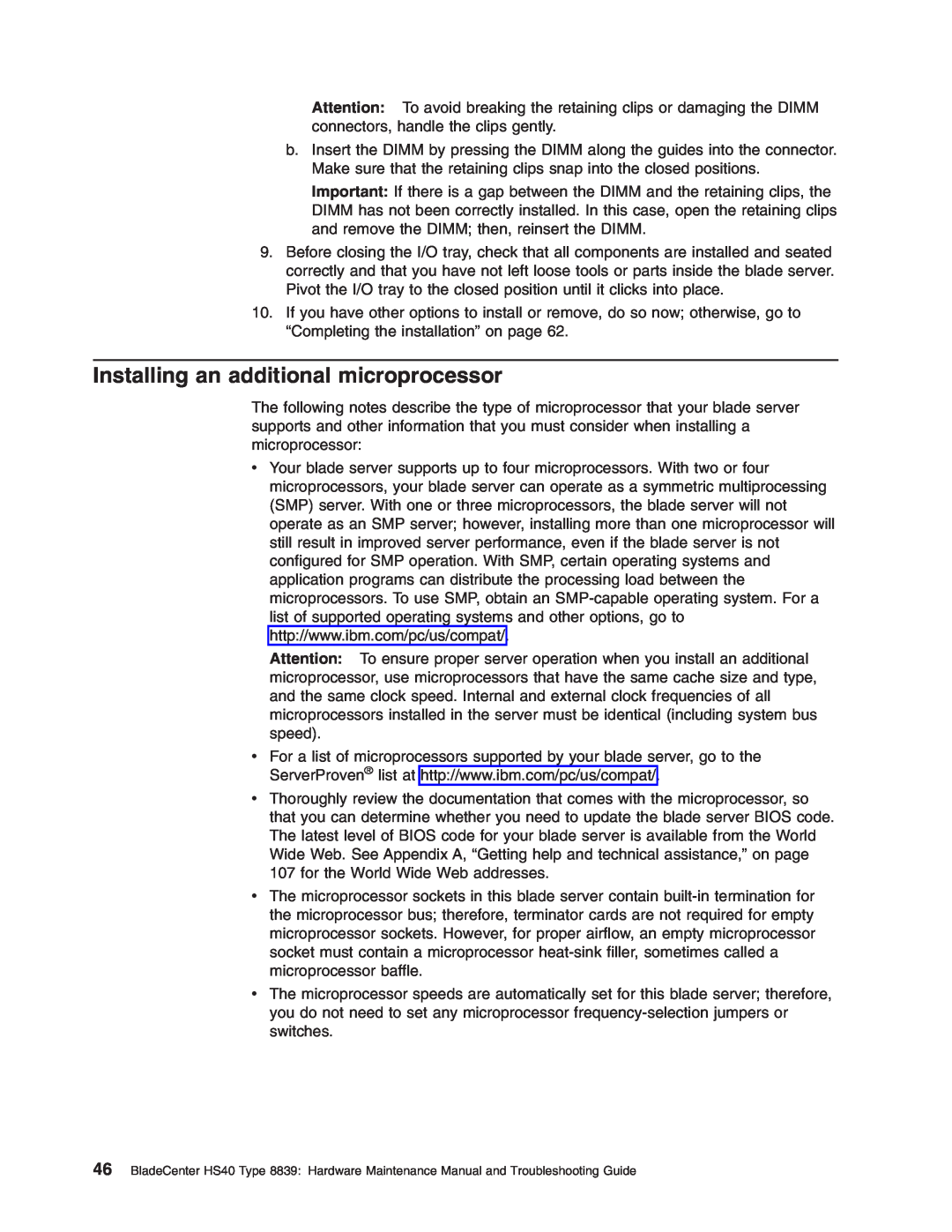 IBM HS40 manual Installing an additional microprocessor 