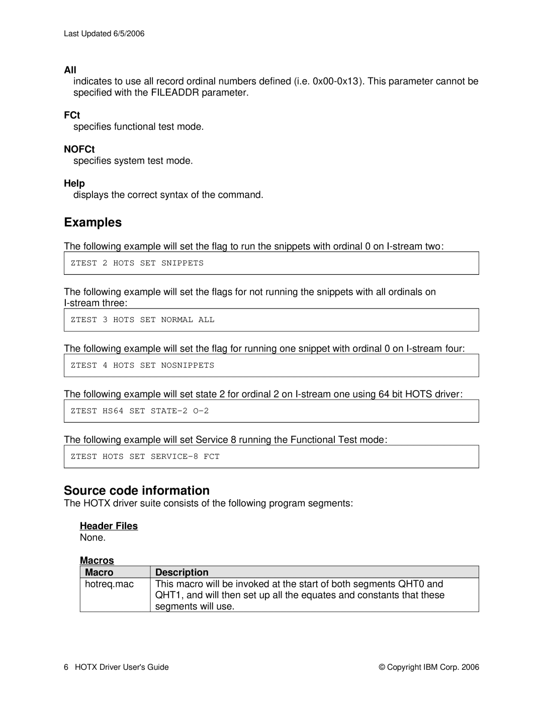 IBM HS64, HOTR, HOTS manual Source code information, NOFCt, Header Files, Macros Description 