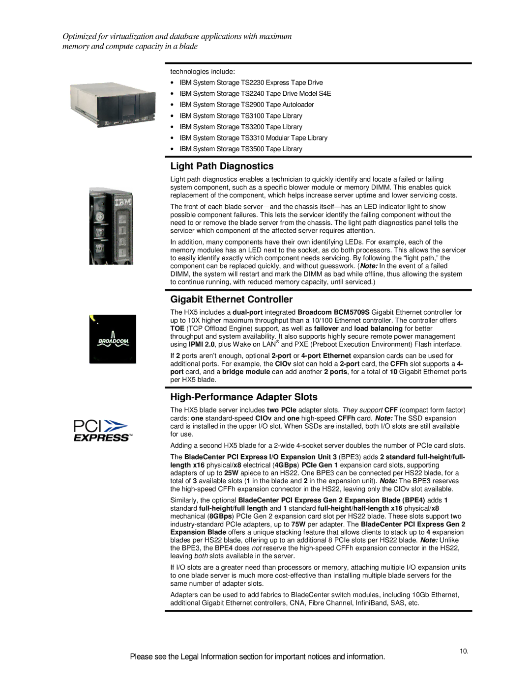 IBM HX5 specifications Light Path Diagnostics, Gigabit Ethernet Controller, High-Performance Adapter Slots 