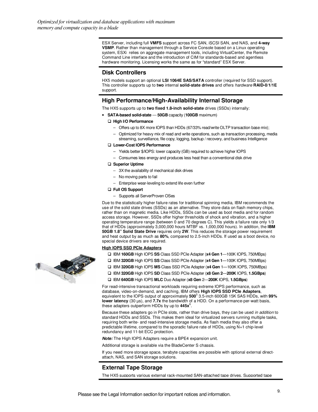 IBM HX5 specifications Disk Controllers, High Performance/High-Availability Internal Storage, External Tape Storage 