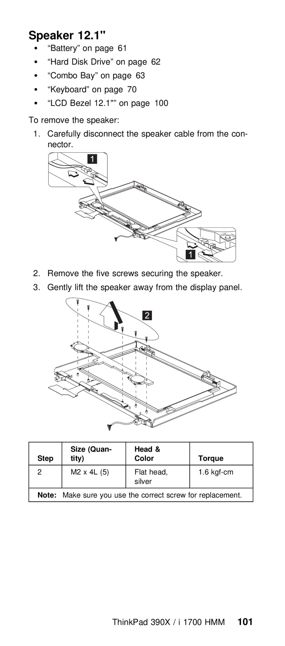 IBM I 1700 manual Speaker, ThinkPad 390X / i 1700 101HMM 