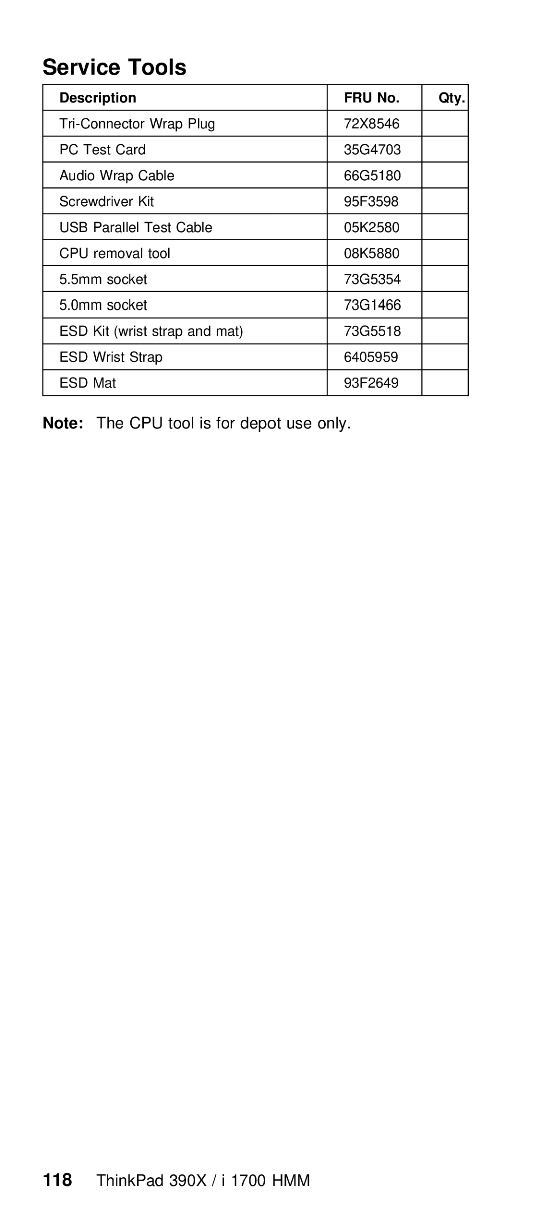 IBM I 1700 manual Service Tools, CPU tool is for Depot Use Only ThinkPad 390X / i 1700 HMM, Qty 