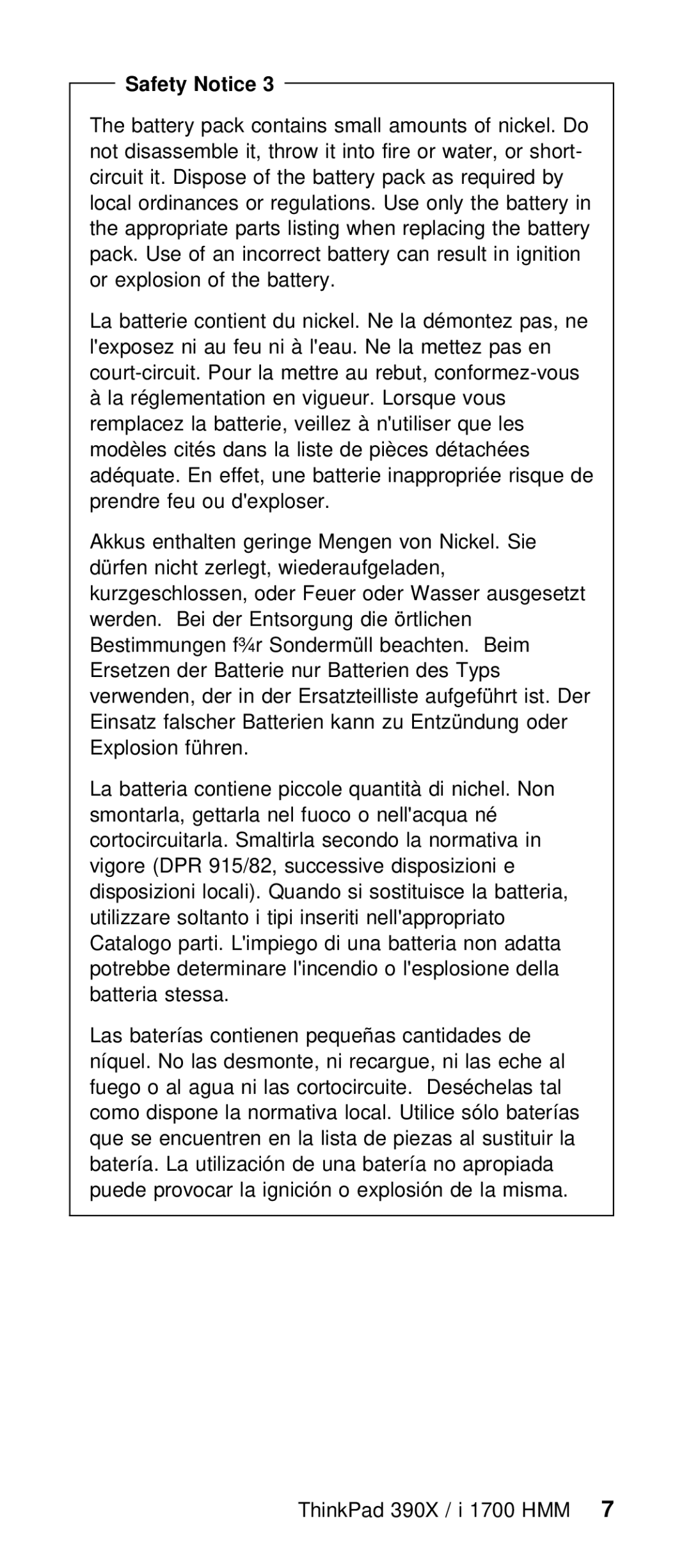 IBM I 1700 manual Battery Pack Contains small, Nicke, Not disassemble it, throw it into fire or wat 