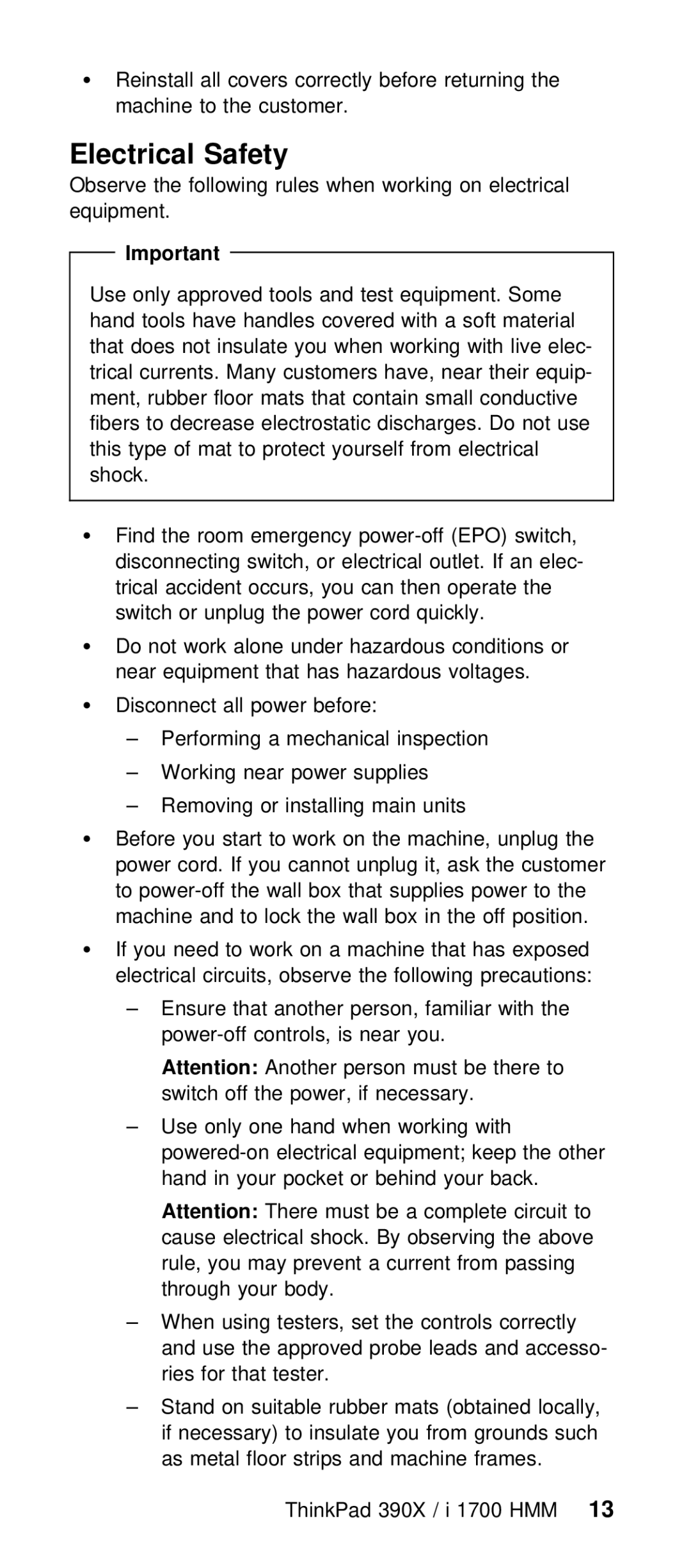 IBM I 1700 manual Electrical Safety 