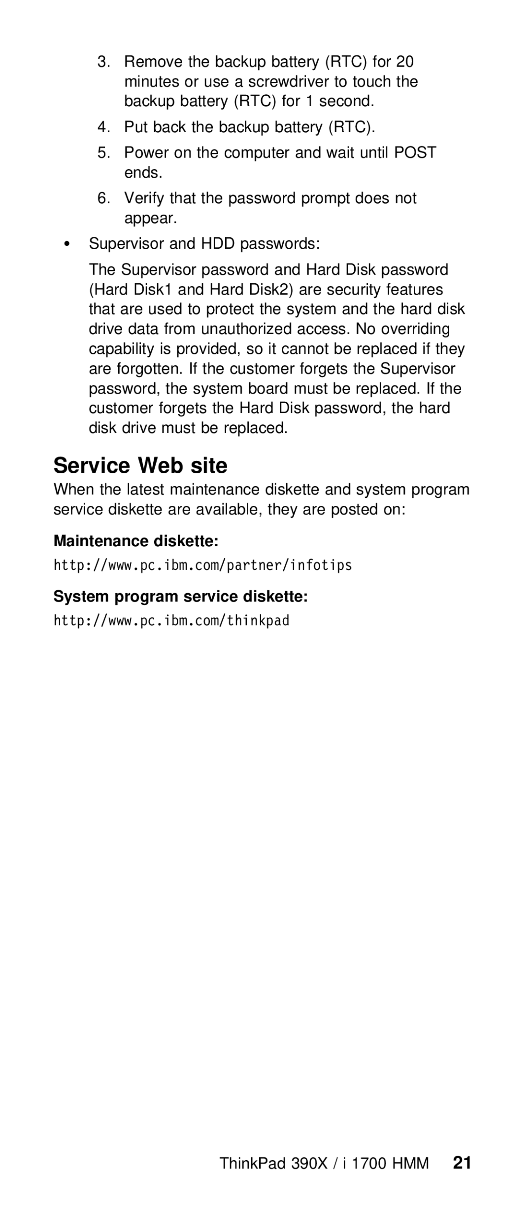 IBM I 1700 manual Service Web site, Maintenance diskette System program service diskette, ThinkPad 390X / i 1700 21HMM 