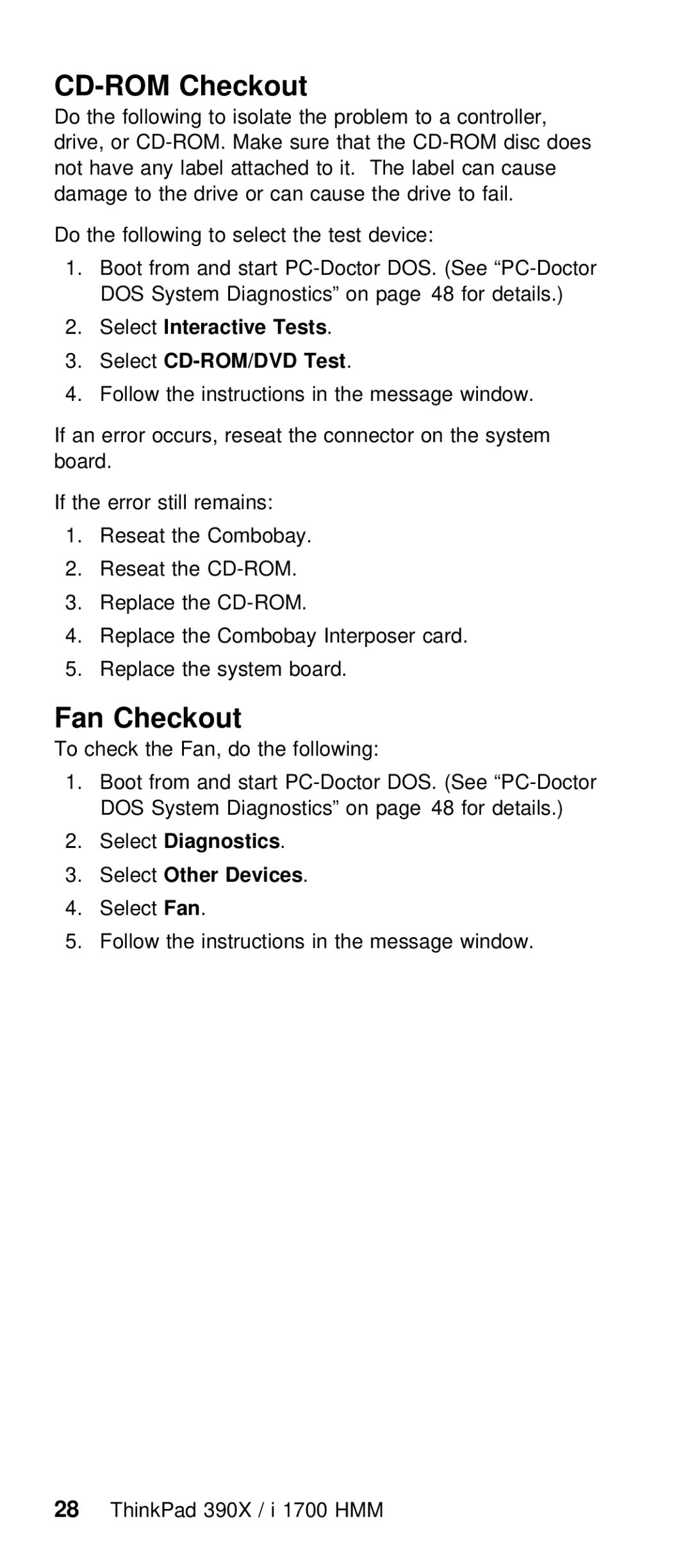 IBM I 1700 manual CD-ROM Checkout, Fan Checkout, SelectDiagnostics SelectO her Devices 