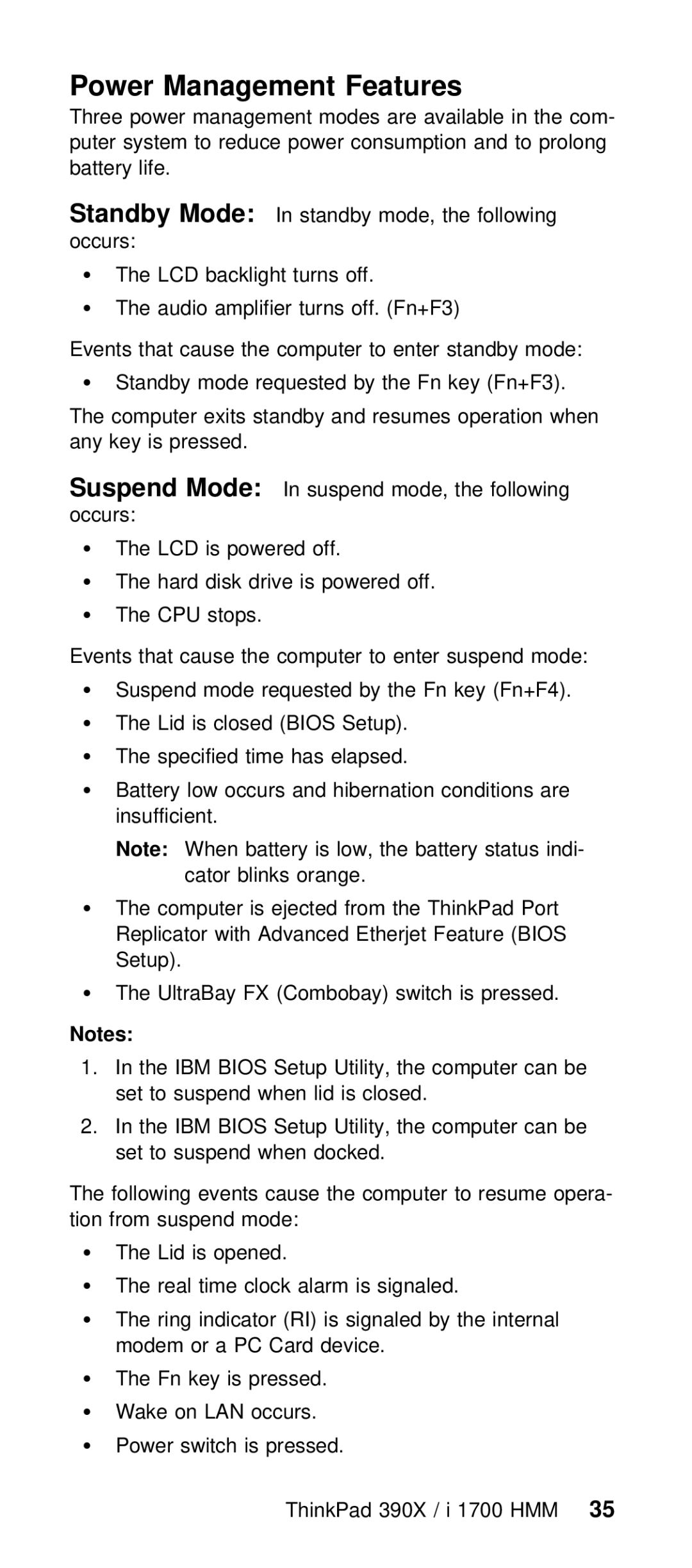 IBM I 1700 manual Power Management Features, Requested by the Fn key Fn+F4, Lid Closed, Setup 