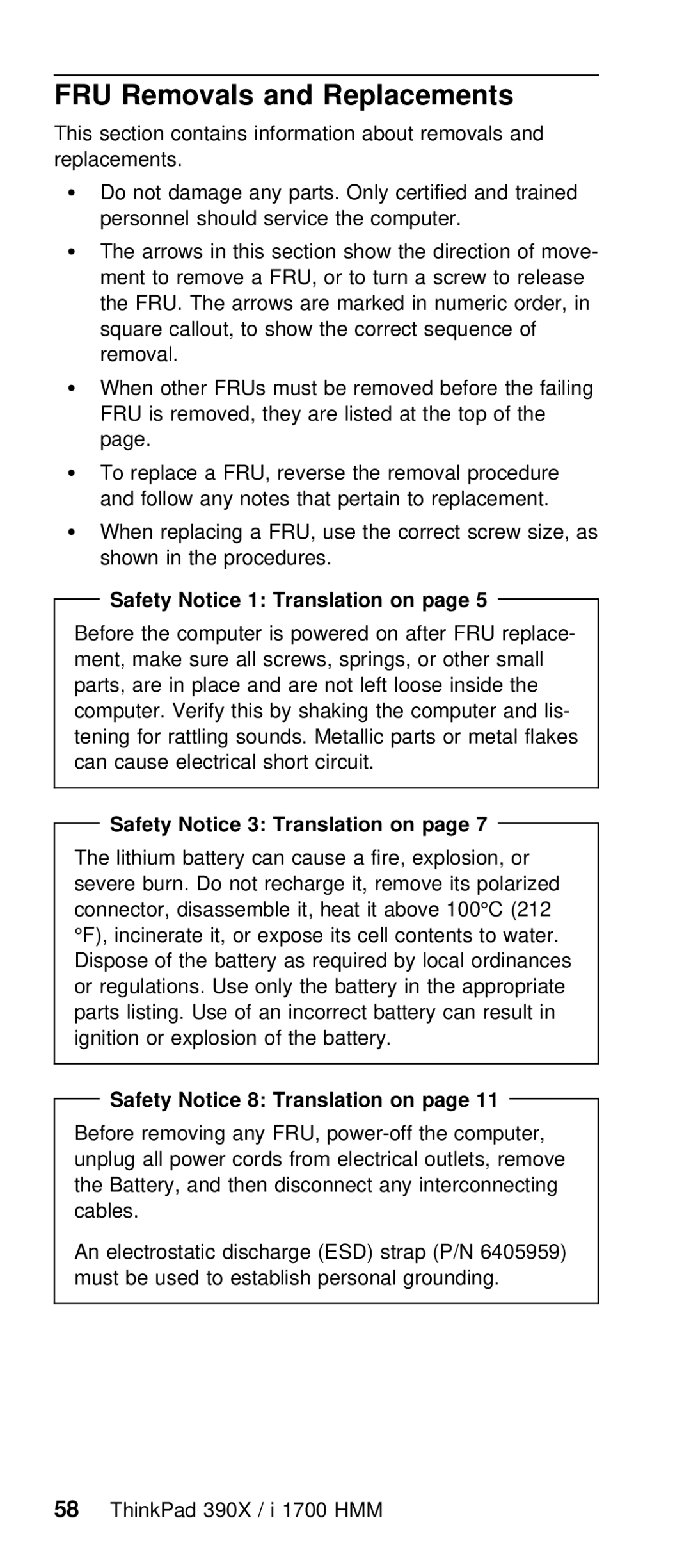 IBM I 1700 manual FRU Removals and Replacements, Safety Notice 1 Translation on, Safety Notice 8 Translation on 