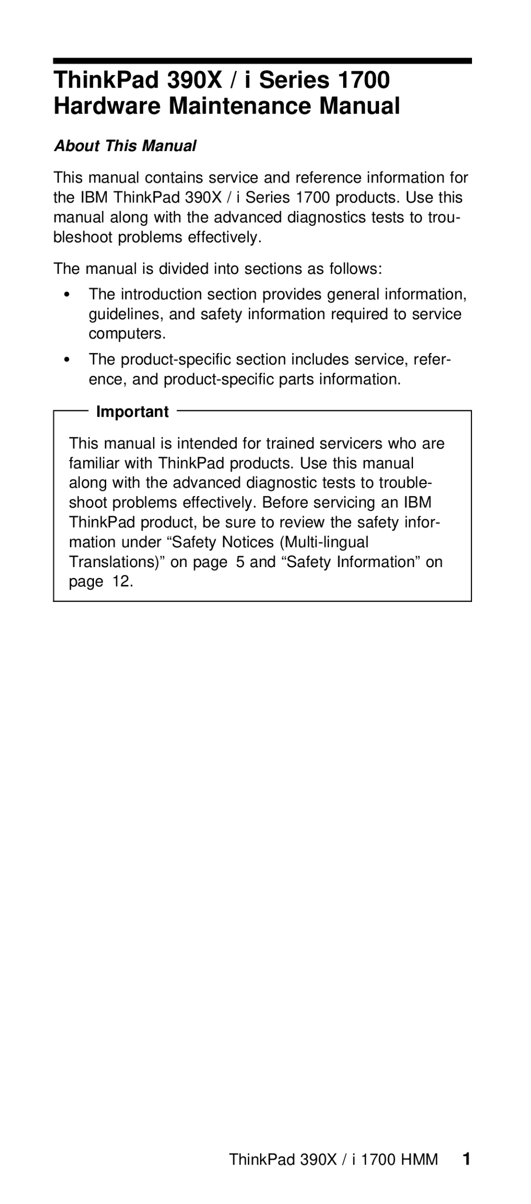 IBM I 1700 manual ThinkPad 390X / i Series Hardware Maintenance Manual 