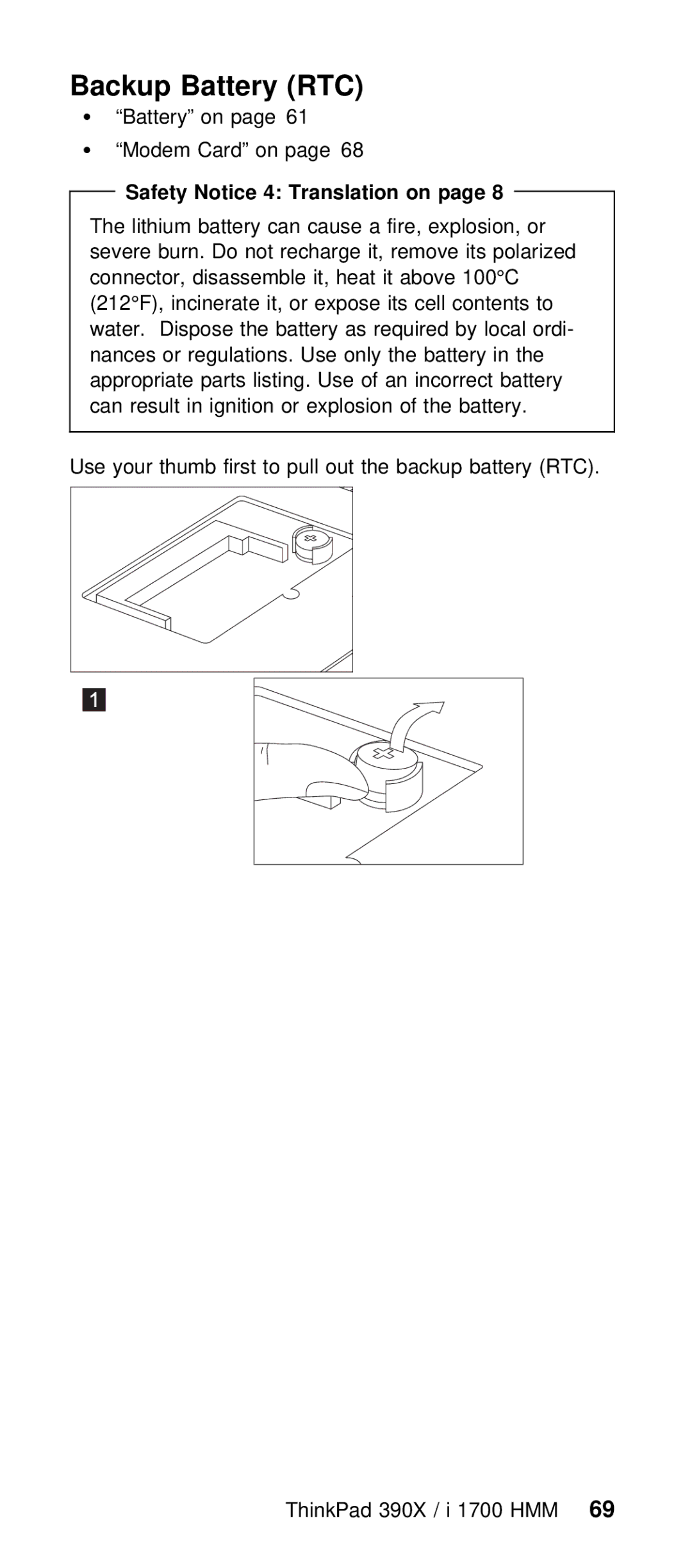 IBM I 1700 manual Backup Battery RTC, Battery on Modem Card on, Safety Notice 4 Translation on 