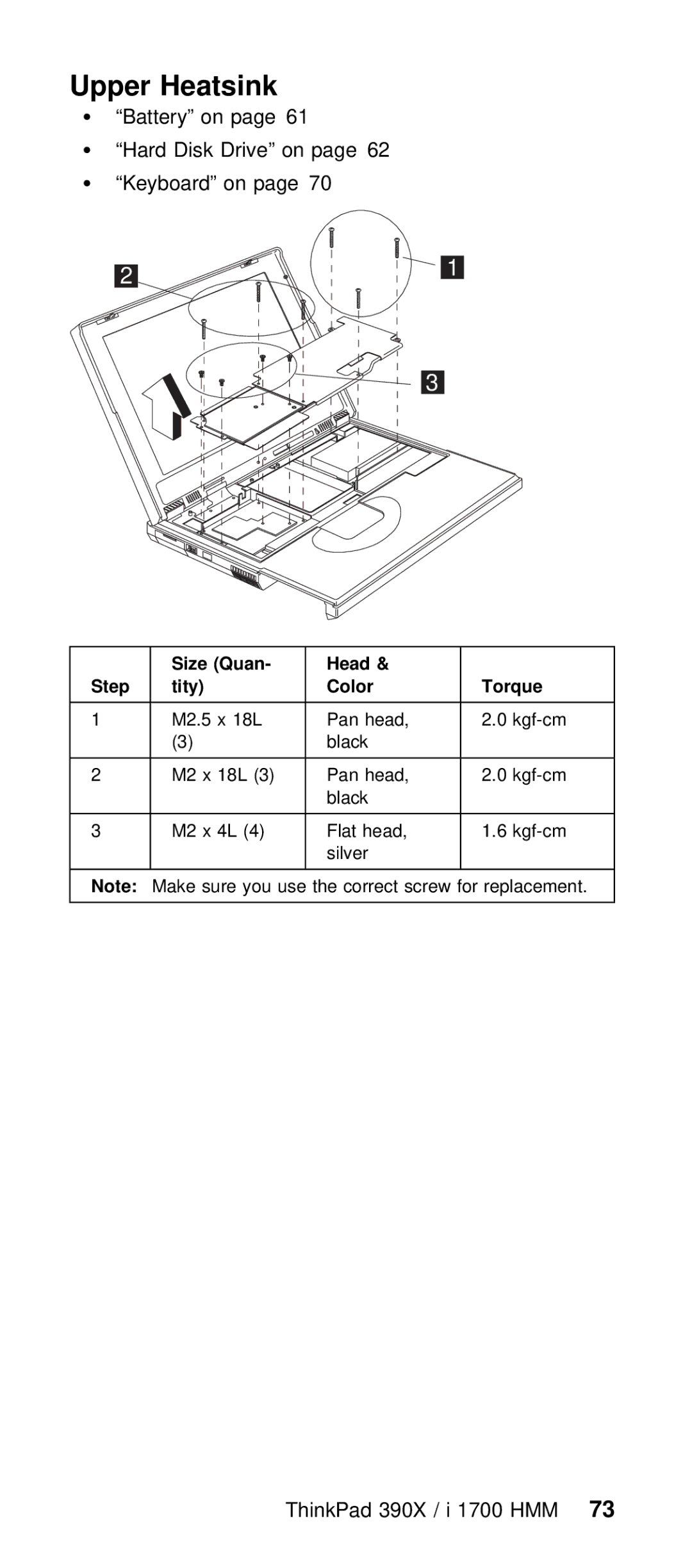 IBM I 1700 manual Upper Heatsink, Battery on Hard Disk Drive on Keyboard on, ThinkPad 390X / i 1700 73HMM 