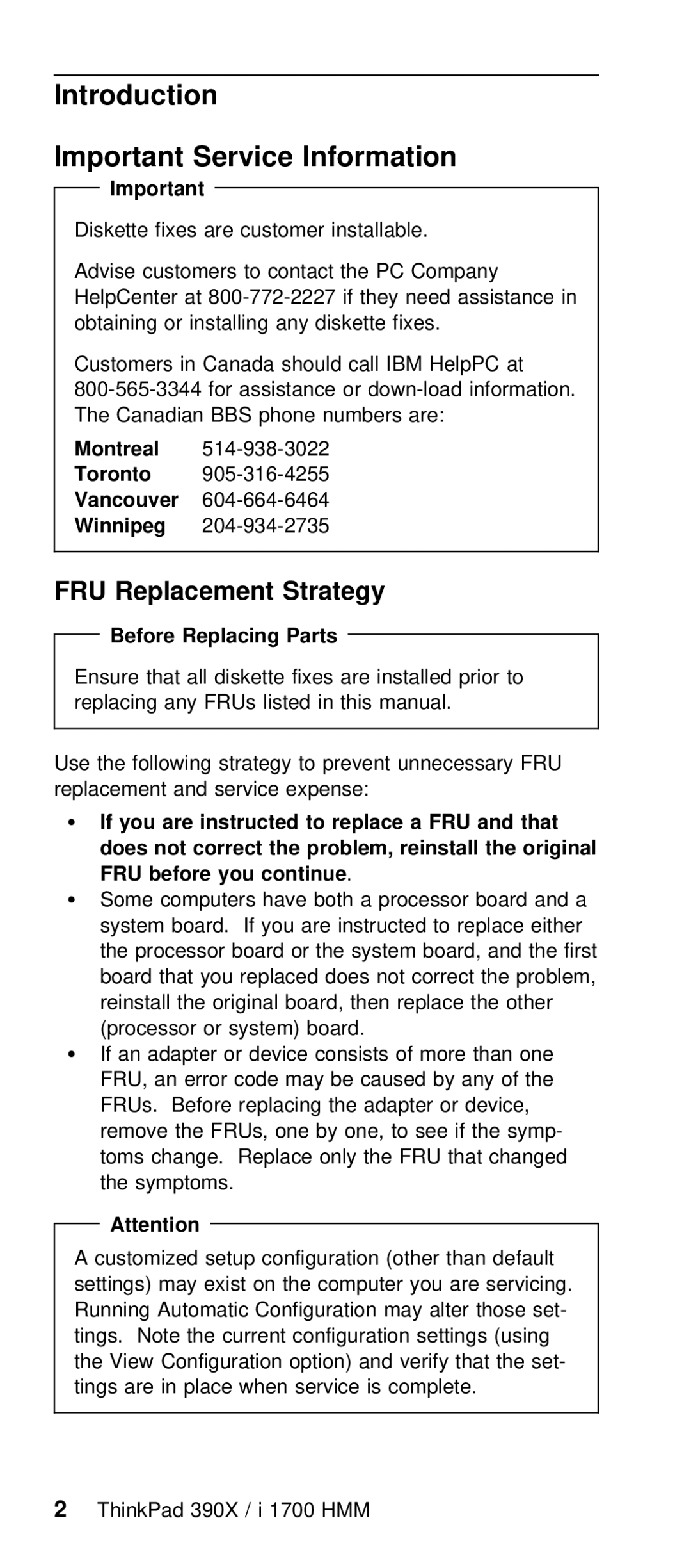 IBM I 1700 manual Introduction Important Service Information, Before Replacing Parts, You, Are instructed To replace a FRU 