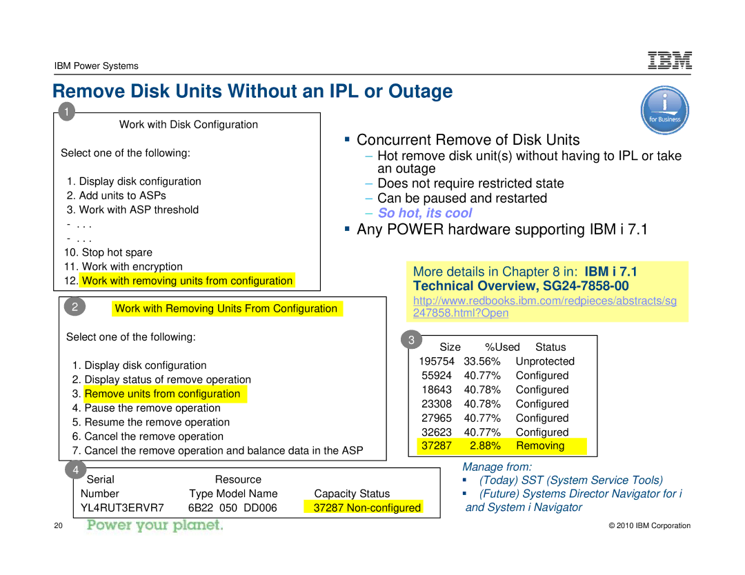 IBM I 7.1 manual Remove Disk Units Without an IPL or Outage 