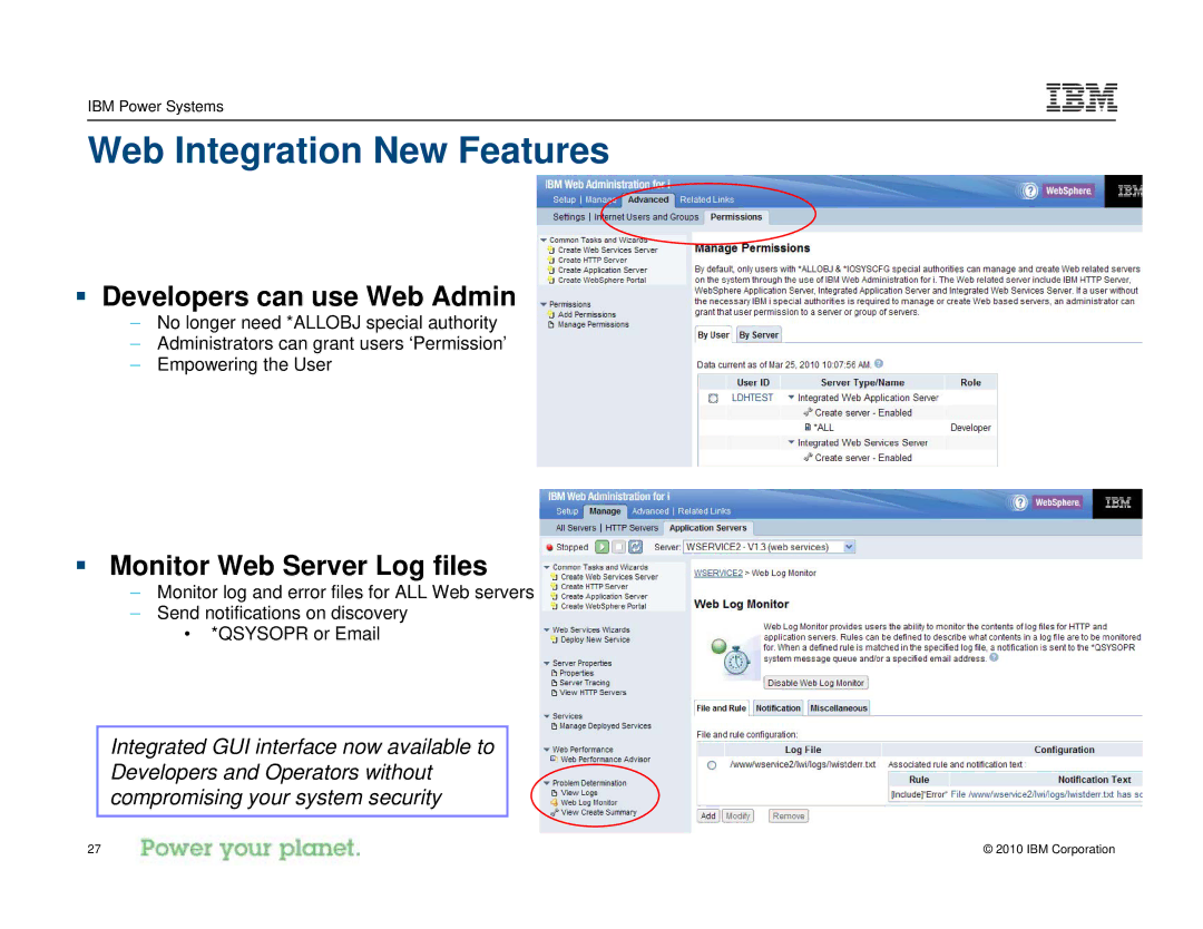 IBM I 7.1 manual Web Integration New Features, ƒ Developers can use Web Admin, ƒ Monitor Web Server Log files 