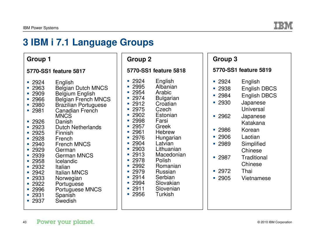 IBM I 7.1 manual IBM i 7.1 Language Groups, 5770-SS1 feature 