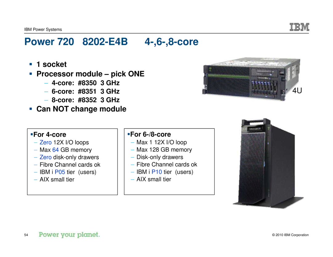 IBM I 7.1 manual Power 720 8202-E4B 4-,6-,8-core, Core #8350 3 GHz Core #8351 3 GHz Core #8352 3 GHz, ƒFor 4-core 