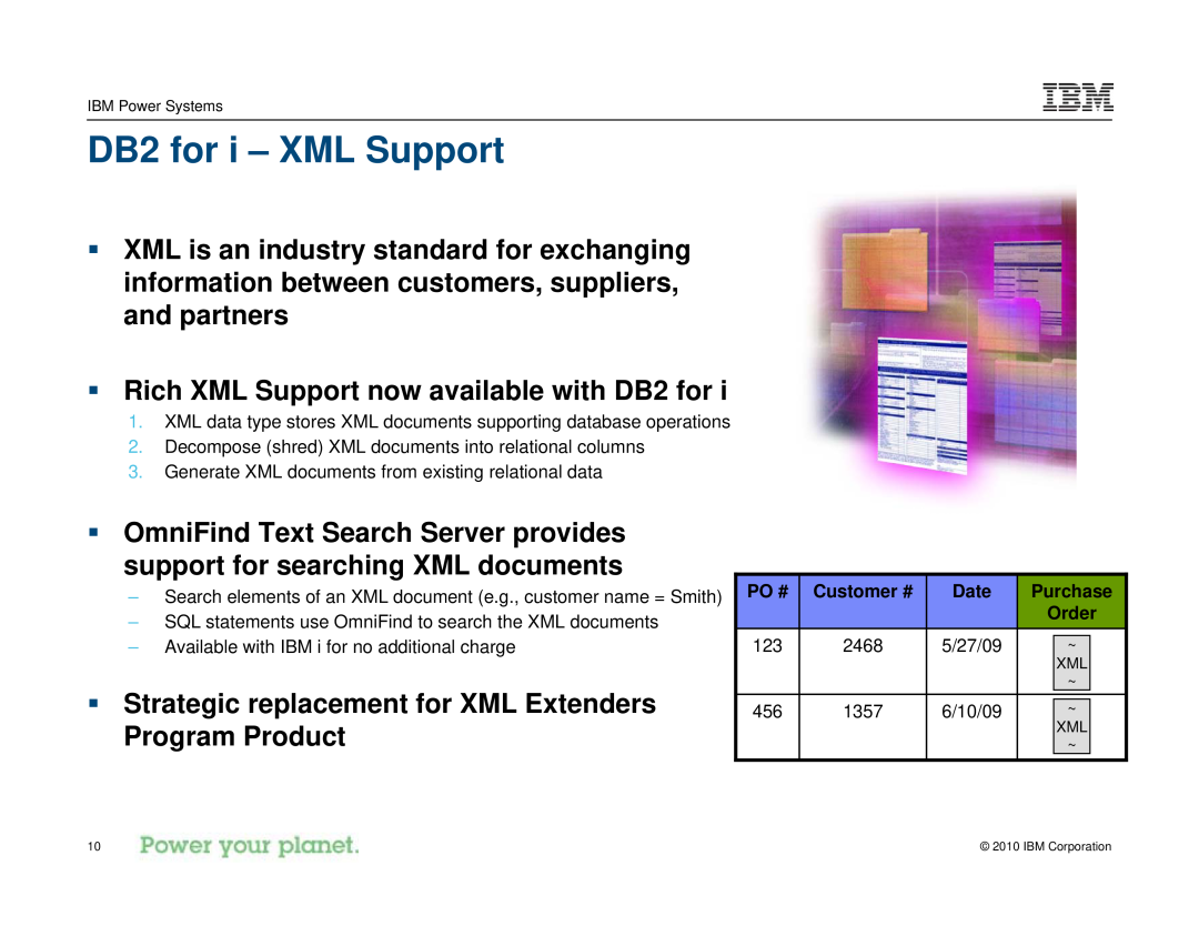 IBM I 7.1 manual DB2 for i - XML Support, ƒ Rich XML Support now available with DB2 for 