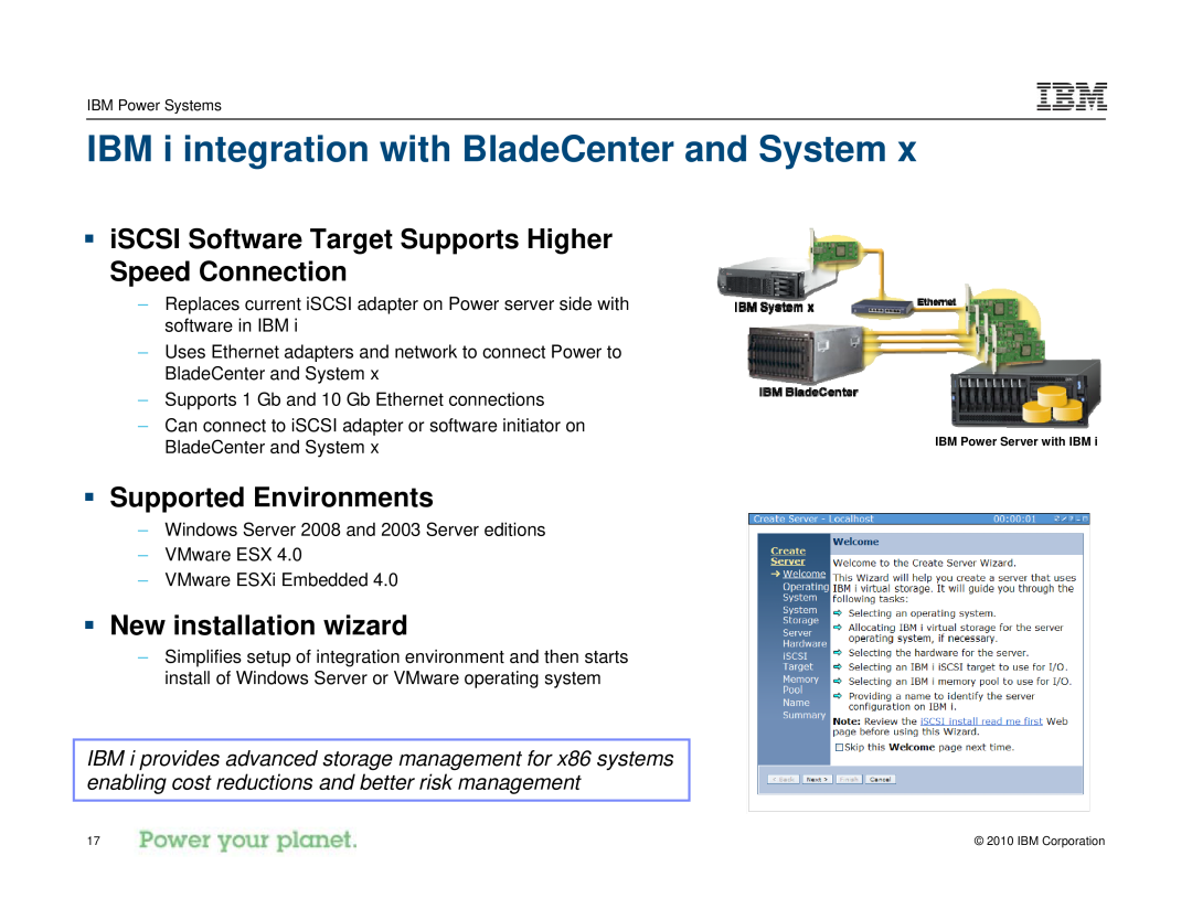 IBM I 7.1 manual IBM i integration with BladeCenter and System, ƒ iSCSI Software Target Supports Higher Speed Connection 