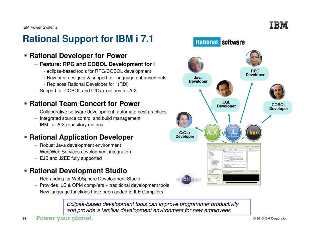 IBM I 7.1 manual Rational Support for IBM i, ƒ Rational Developer for Power, ƒ Rational Team Concert for Power 