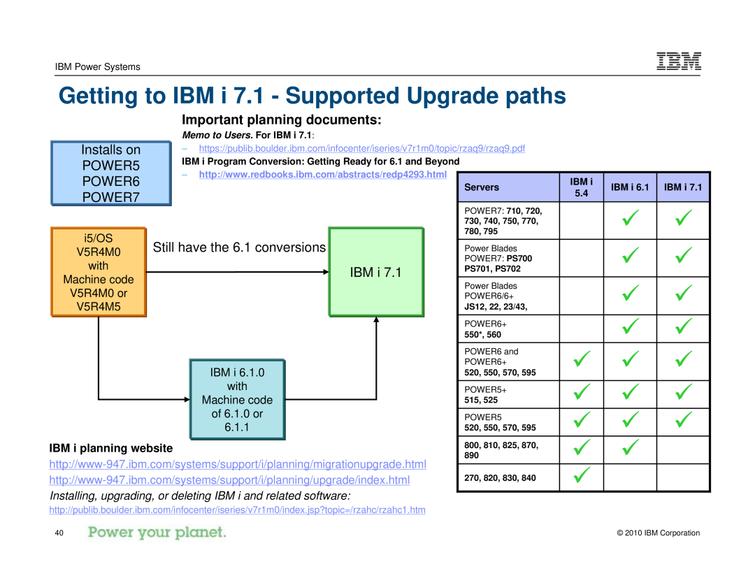 IBM I 7.1 manual Getting to IBM i 7.1 - Supported Upgrade paths, Important planning documents, Installs on, POWER5, POWER6 