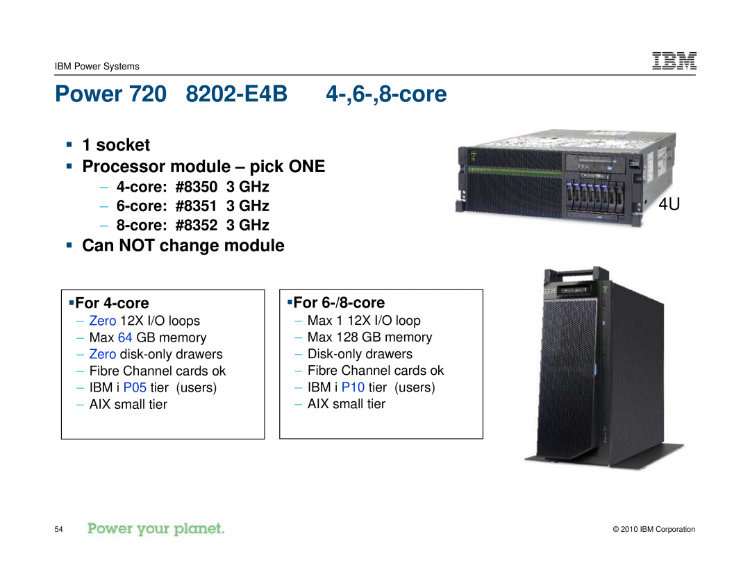 IBM I 7.1 manual Power 720 8202-E4B 4-,6-,8-core, ƒ 1 socket ƒ Processor module - pick ONE, ƒ Can NOT change module 