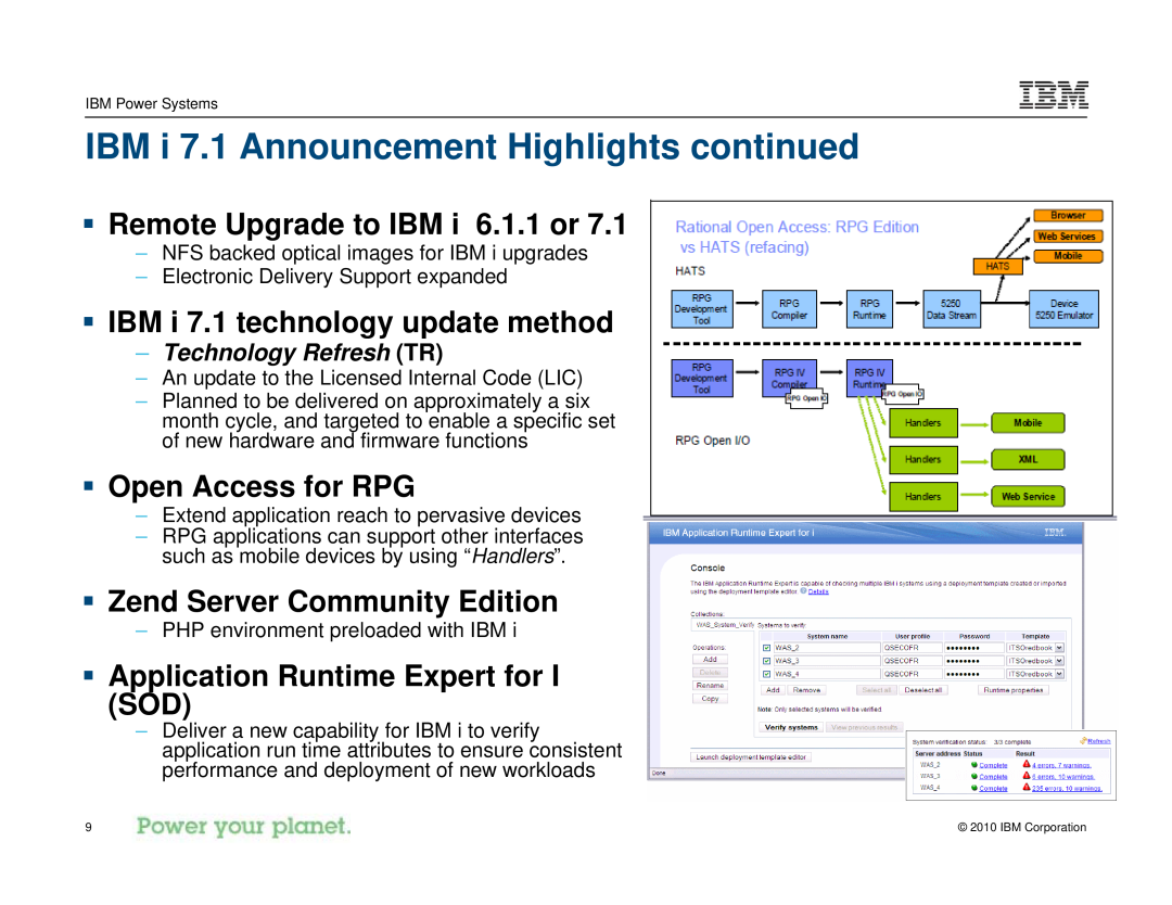 IBM I 7.1 manual IBM i 7.1 Announcement Highlights continued, ƒ Remote Upgrade to IBM i 6.1.1 or, ƒ Open Access for RPG 