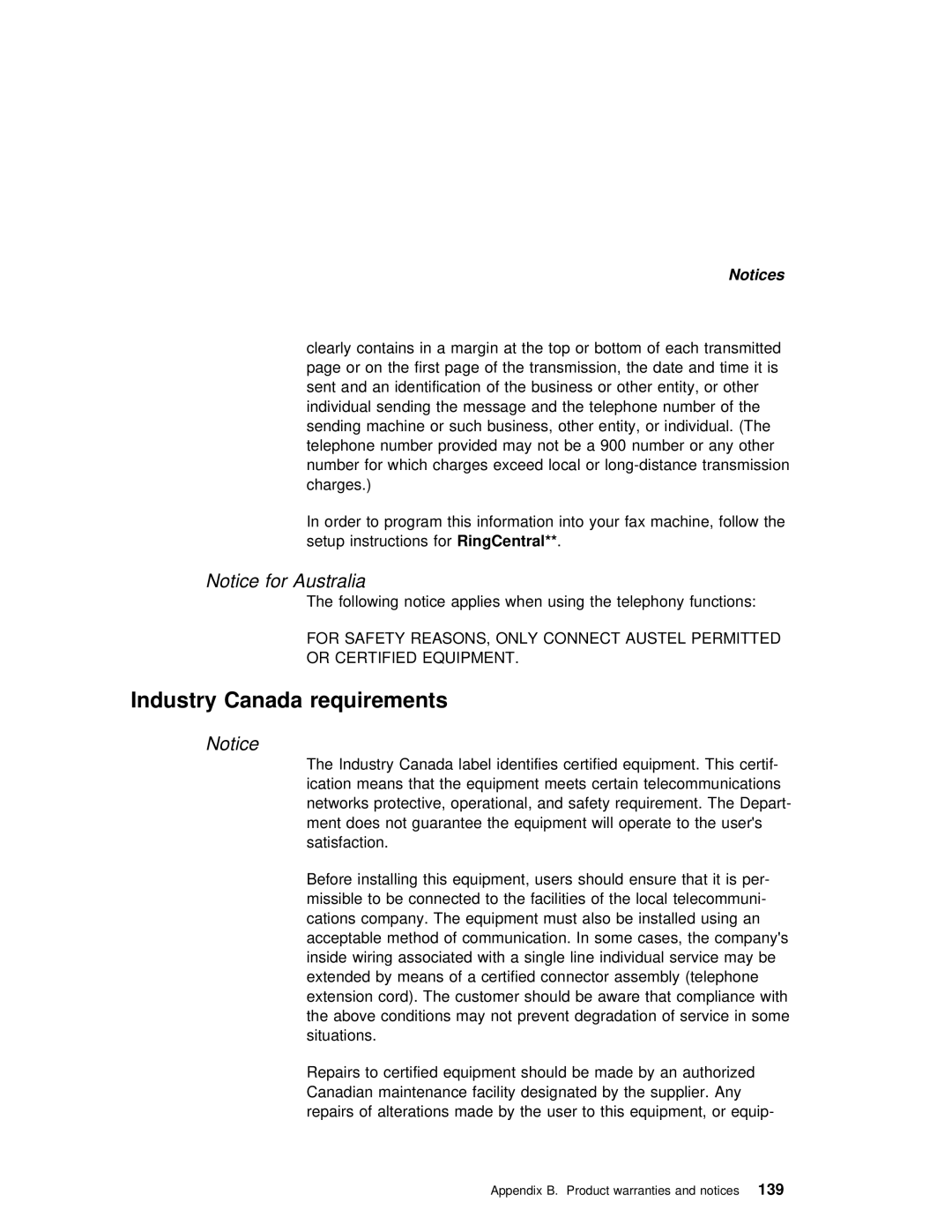 IBM i Series 1300, i Series 1200 manual Industry Canada requirements, Australia 