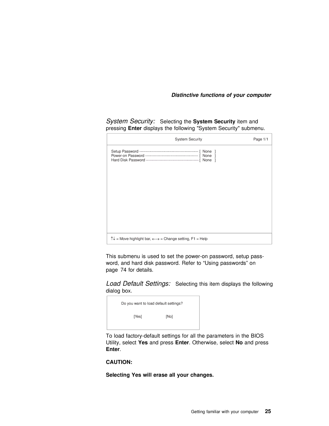 IBM i Series 1300, i Series 1200 manual System SecuritySelecting, Enter Selecting Yes will erase all your changes 