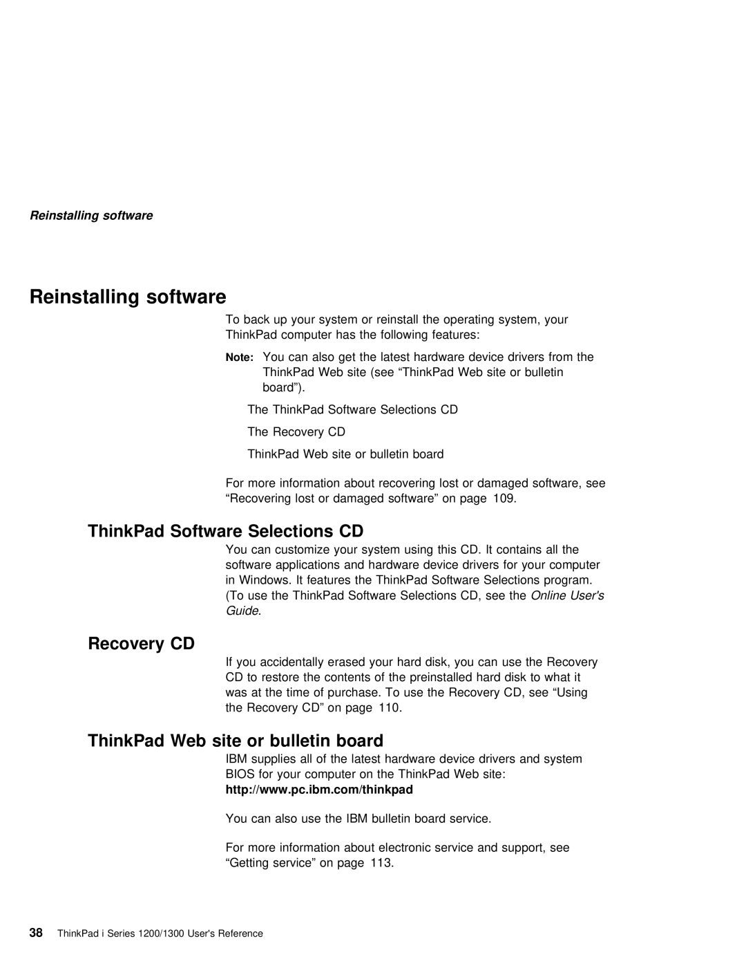 IBM i Series 1200, i Series 1300 manual Reinstalling software, Recovery CD 