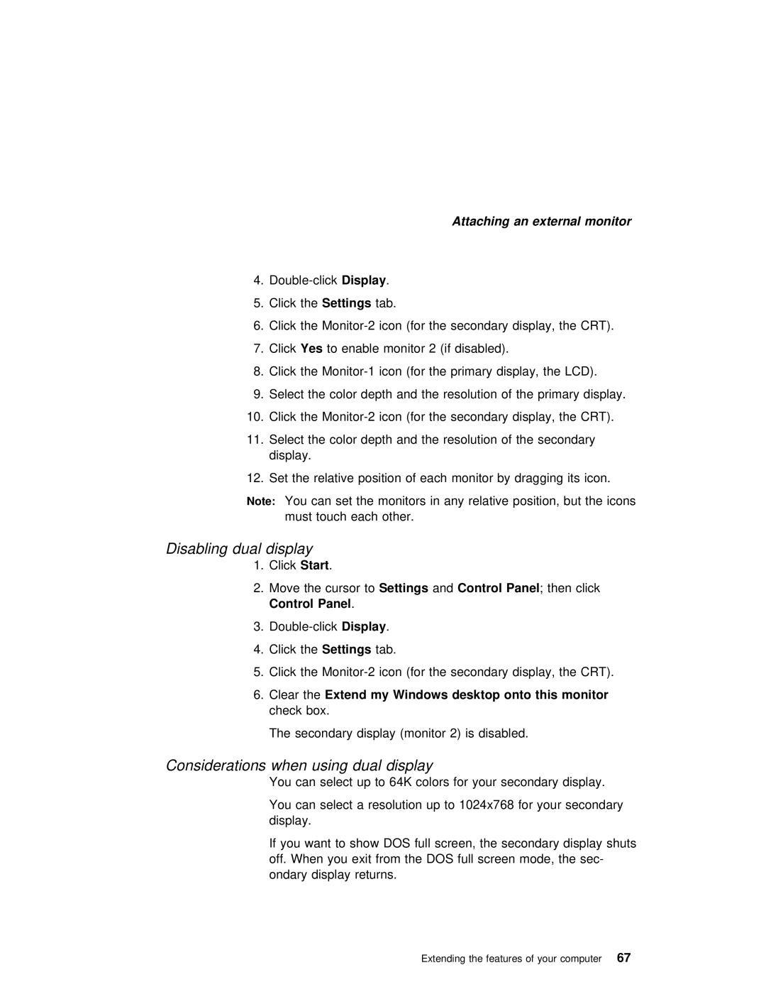 IBM i Series 1300 Disabling dual Display, Considerations when using dual display, An external monitor, TheSettings tab 